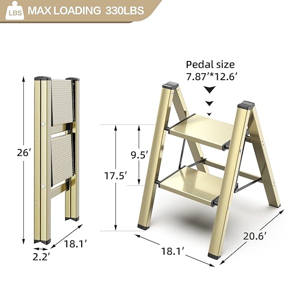 GameGem GameGem Aluminum Folding Step Ladder Lightweight Portable Anti-Slip Sturdy Wide Pedal Multi-Use Stepladder for Home Kitchen Gold 330 lbs - View 9 of 9