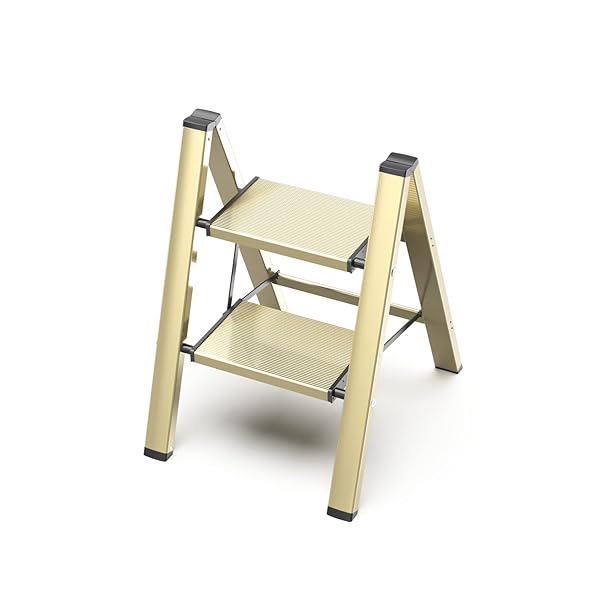 GameGem GameGem Aluminum Folding Step Ladder Lightweight Portable Anti-Slip Sturdy Wide Pedal Multi-Use Stepladder for Home Kitchen Gold 330 lbs