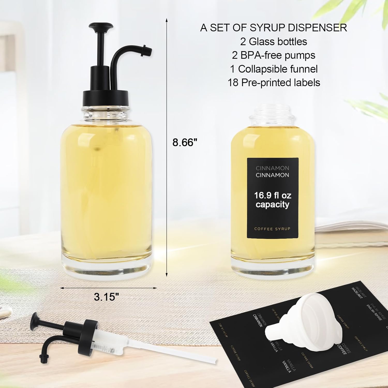 Joyfulmap Joyfulmap Coffee Syrup Dispenser with 18 Labels Minimalist Glass Pump Bottle for Coffee Bar 16.9 oz 500 ml Black Design - View 2 of 7