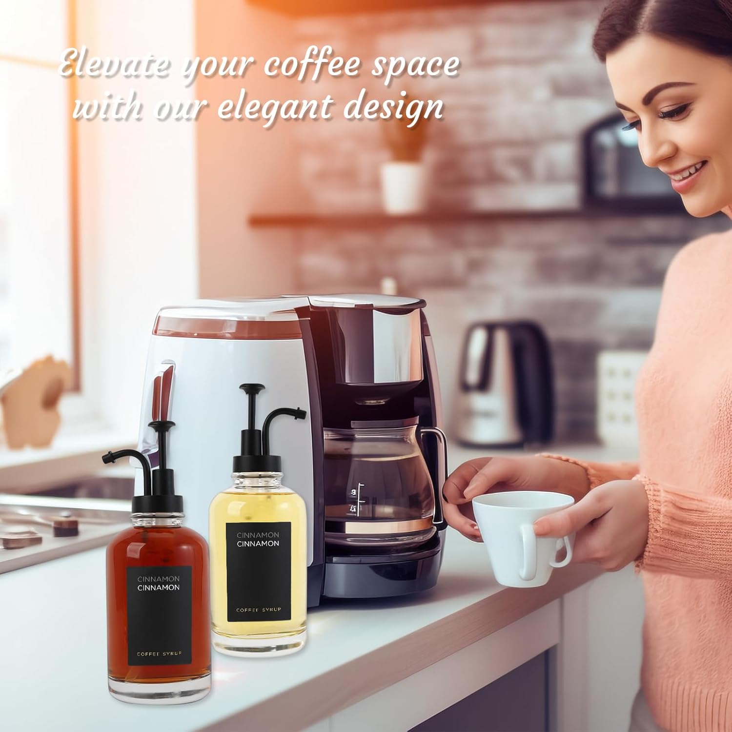 Joyfulmap Joyfulmap Coffee Syrup Dispenser with 18 Labels Minimalist Glass Pump Bottle for Coffee Bar 16.9 oz 500 ml Black Design - View 7 of 7