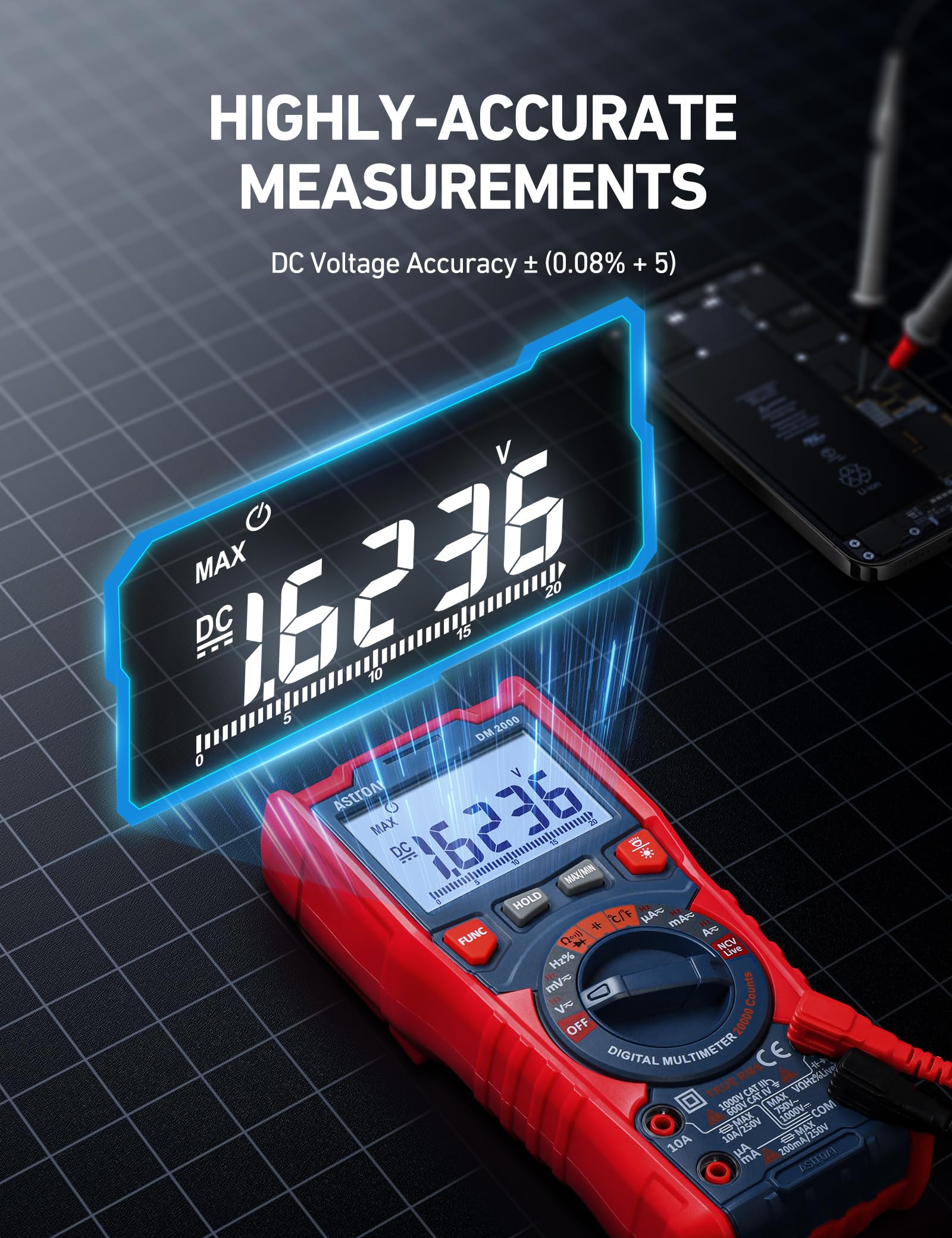AstroAI Digital Multimeter Tester TRMS 20000 Counts with Higher Resolution Auto-Ranging Voltmeter; Accurately Measures Voltage Current Resistance - View 3 of 9