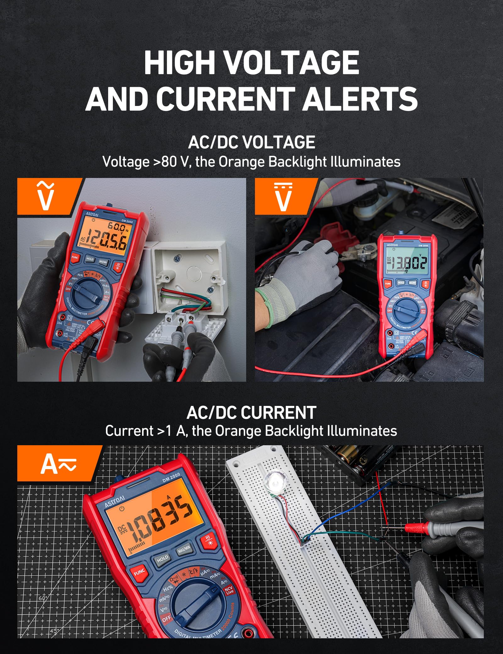 AstroAI Digital Multimeter Tester TRMS 20000 Counts with Higher Resolution Auto-Ranging Voltmeter; Accurately Measures Voltage Current Resistance - View 5 of 9