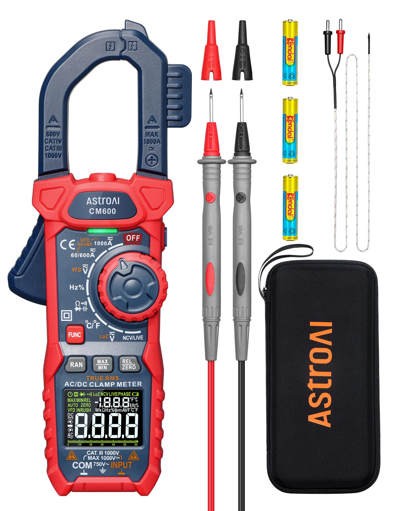 AstroAI Inrush Digital Clamp Meter Multimeter 1000A TRMS 6000 Counts, Amp Voltage Tester with VFD, LOZ Mode; Measures AC DC Current Voltage