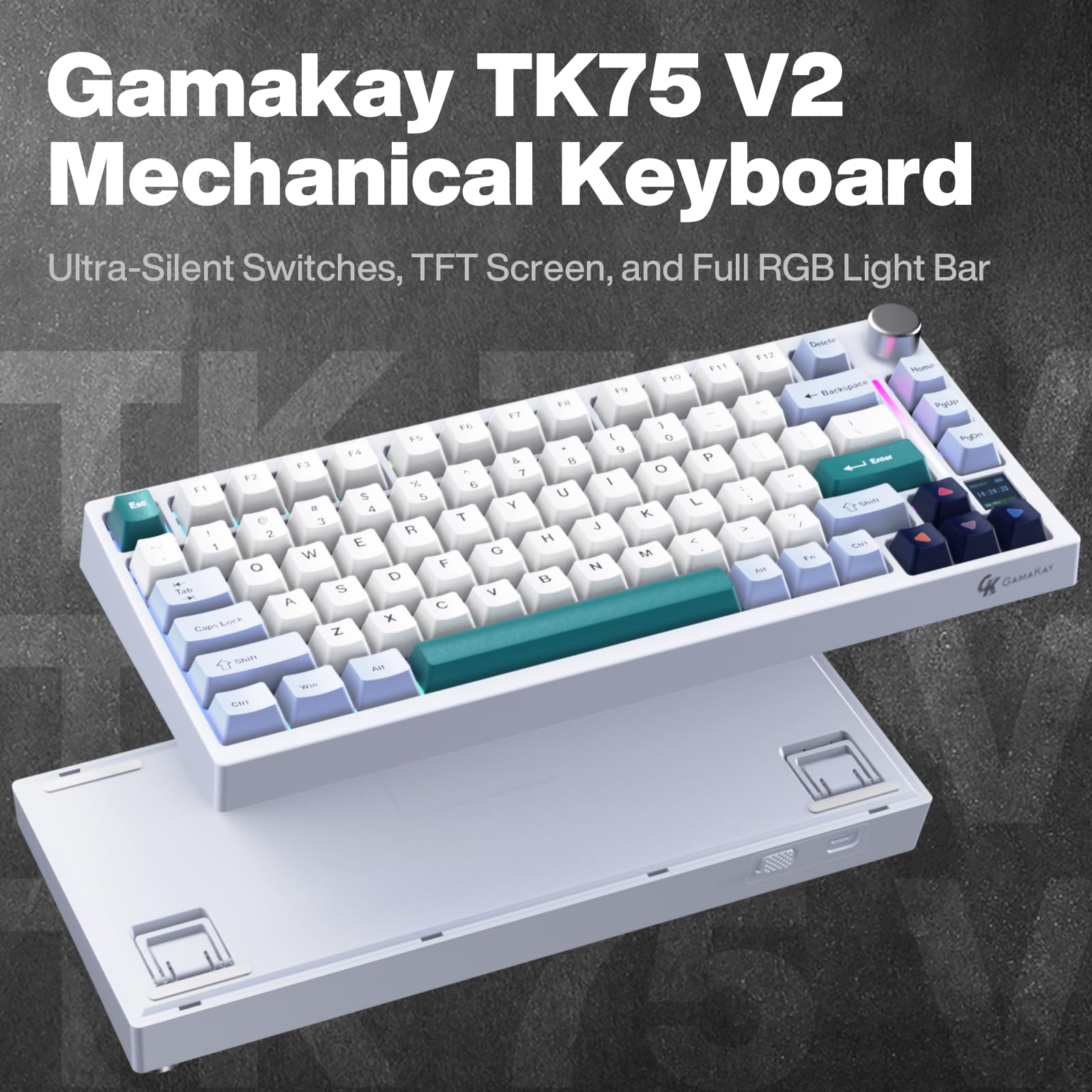 GK GAMAKAY TK75 V2 75% Silent Mechanical Keyboard with TFT Screen, Hot Swap RGB Bluetooth 5.0 2.4GHz Wireless USB-C Wired PBT Cherry Profile Keycaps - View 2 of 9