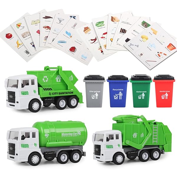FIVEDAOGANG FIVEDAOGANG Garbage Truck Toy Set Friction Powered Waste Management Game with Dumpster Trash Bins and Cards for Kids 3 Years and Up