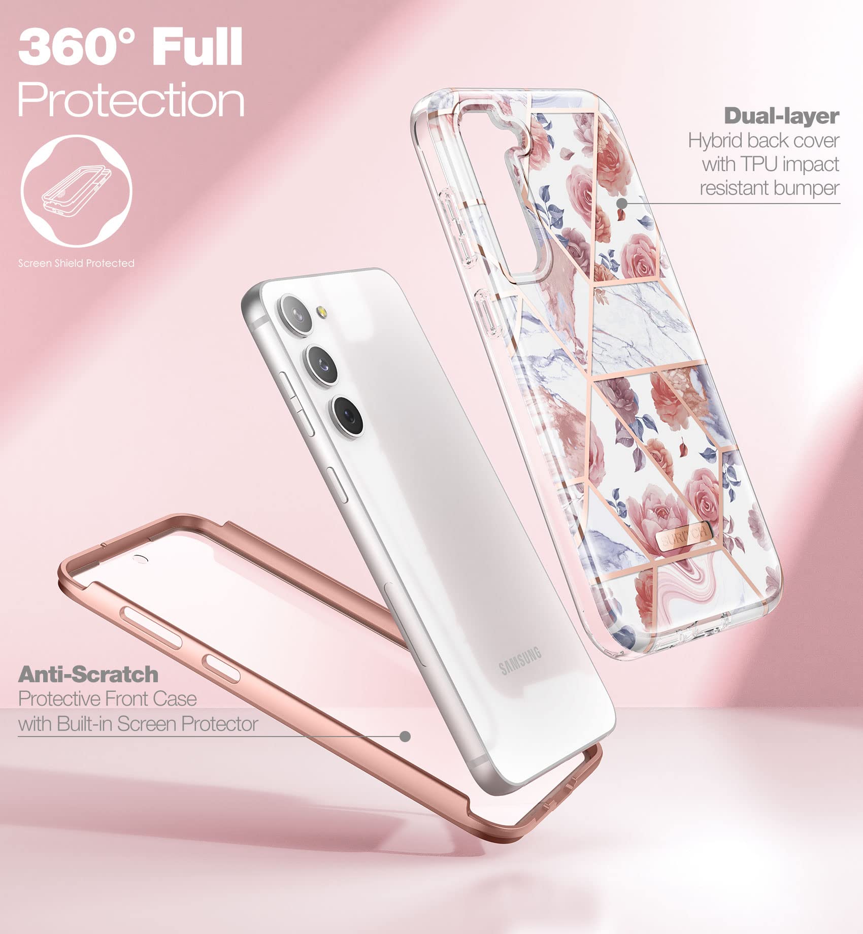 SURITCH SURITCH Samsung Galaxy S23 Plus Case with Built-in Screen Protector Dual-Layer Shockproof Rugged Bumper Cover Rose Marble 6.6 Inch - View 3 of 7