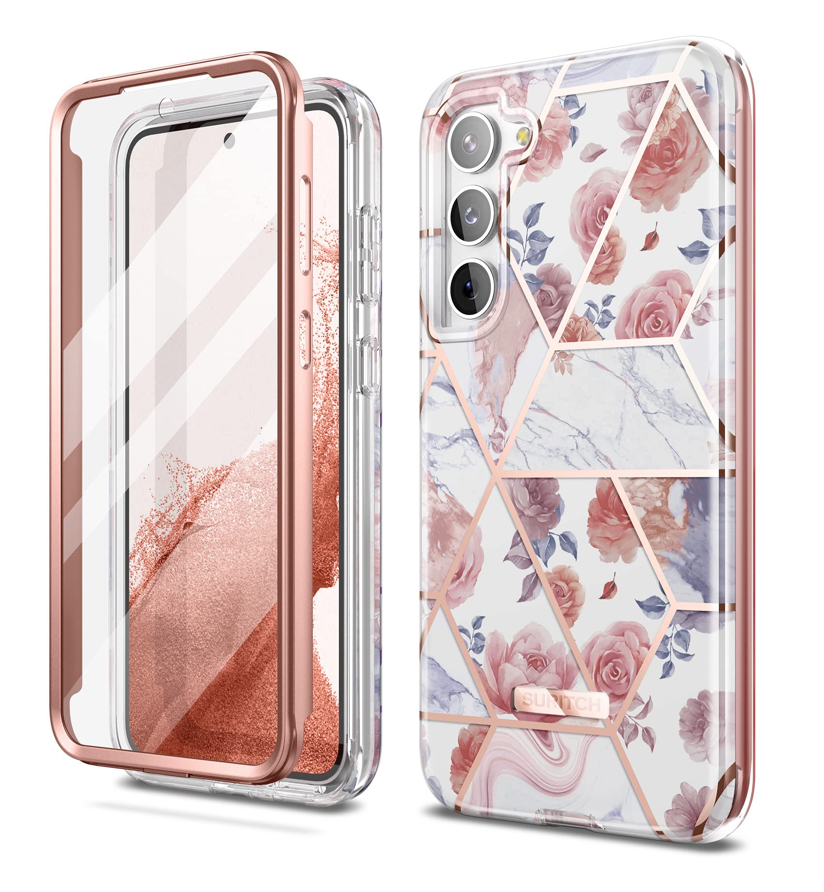 SURITCH Samsung Galaxy S23 Plus Case with Built-in Screen Protector Dual-Layer Shockproof Rugged Bumper Cover Rose Marble 6.6 Inch