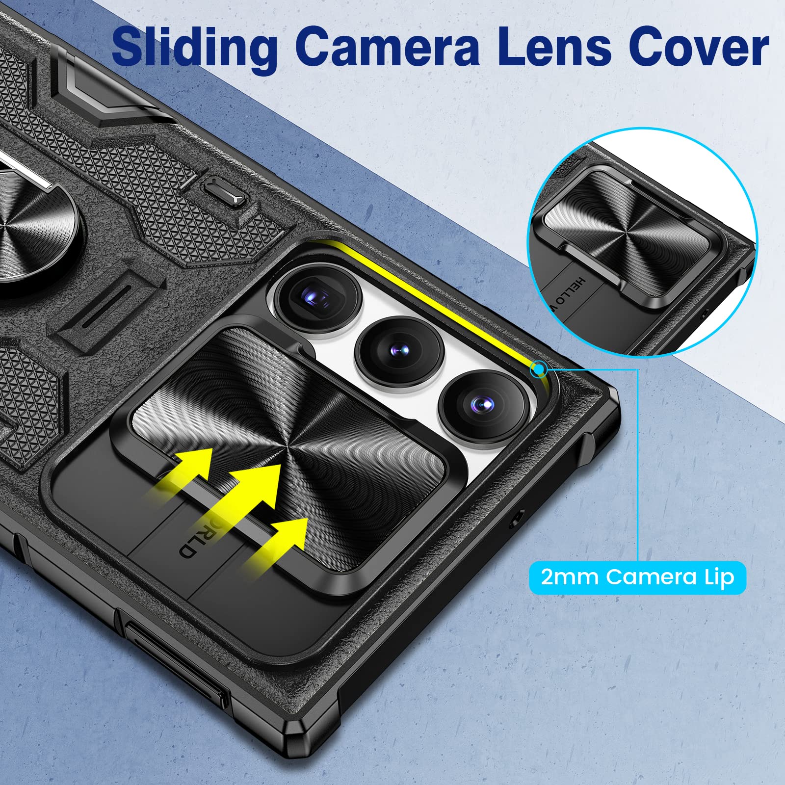 VEGO Galaxy S23 Ultra Case with Kickstand Slide Camera Cover Rugged Belt Clip Holster Full Body Drop Tested Protective Case Black - View 3 of 9