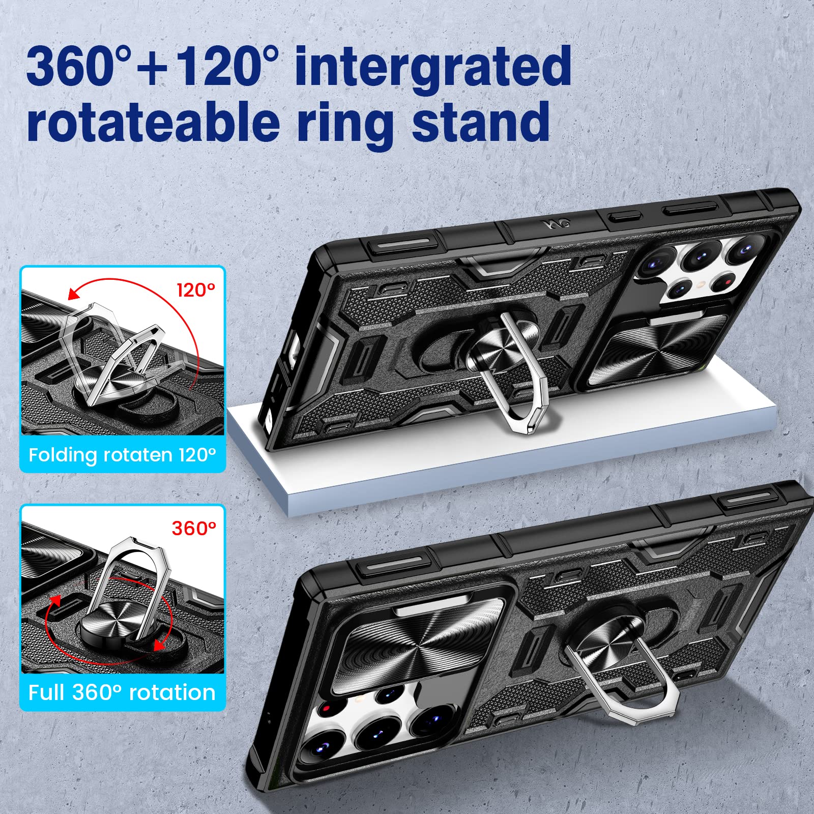 VEGO Galaxy S23 Ultra Case with Kickstand Slide Camera Cover Rugged Belt Clip Holster Full Body Drop Tested Protective Case Black - View 4 of 9