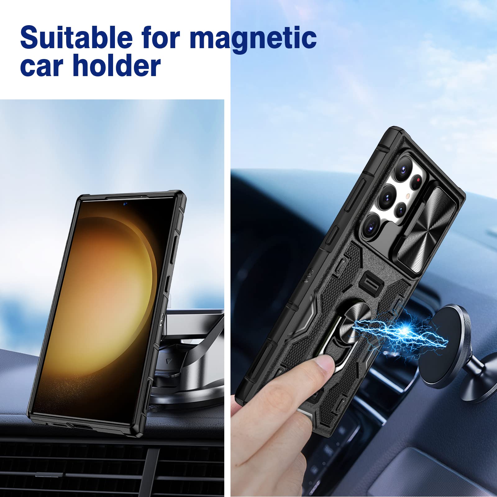 VEGO Galaxy S23 Ultra Case with Kickstand Slide Camera Cover Rugged Belt Clip Holster Full Body Drop Tested Protective Case Black - View 7 of 9