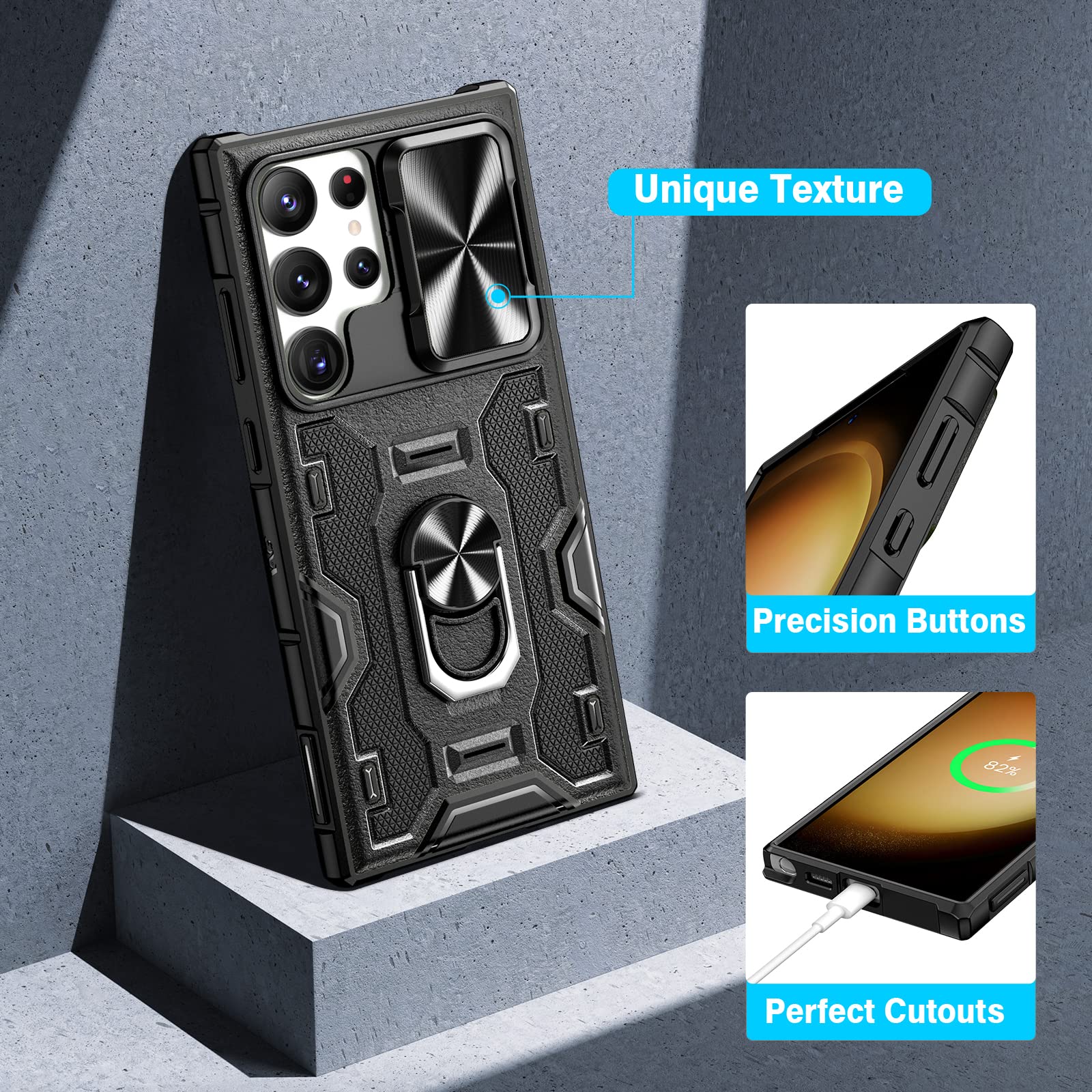 VEGO Galaxy S23 Ultra Case with Kickstand Slide Camera Cover Rugged Belt Clip Holster Full Body Drop Tested Protective Case Black - View 9 of 9