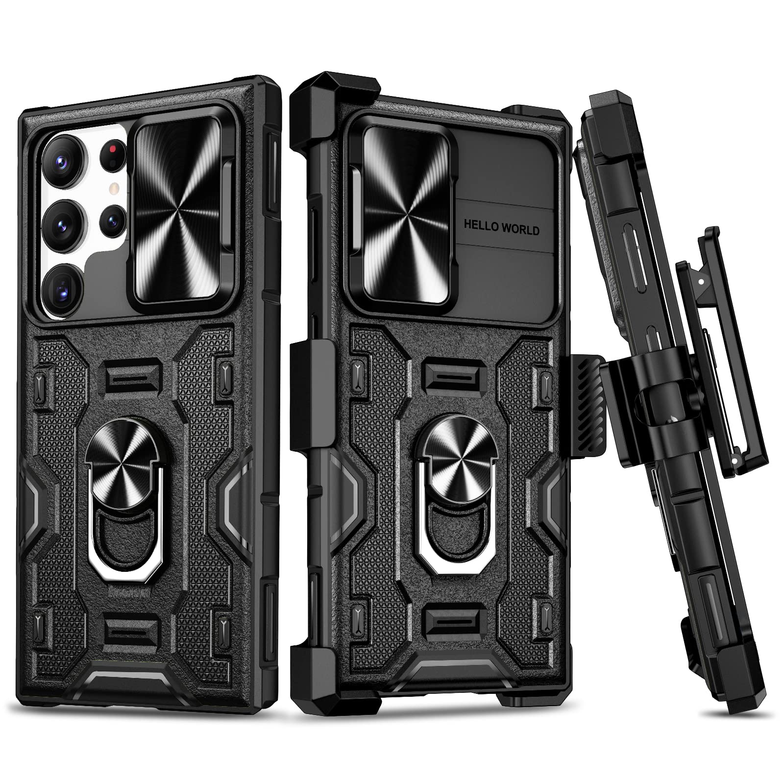 VEGO Galaxy S23 Ultra Case with Kickstand Slide Camera Cover Rugged Belt Clip Holster Full Body Drop Tested Protective Case Black