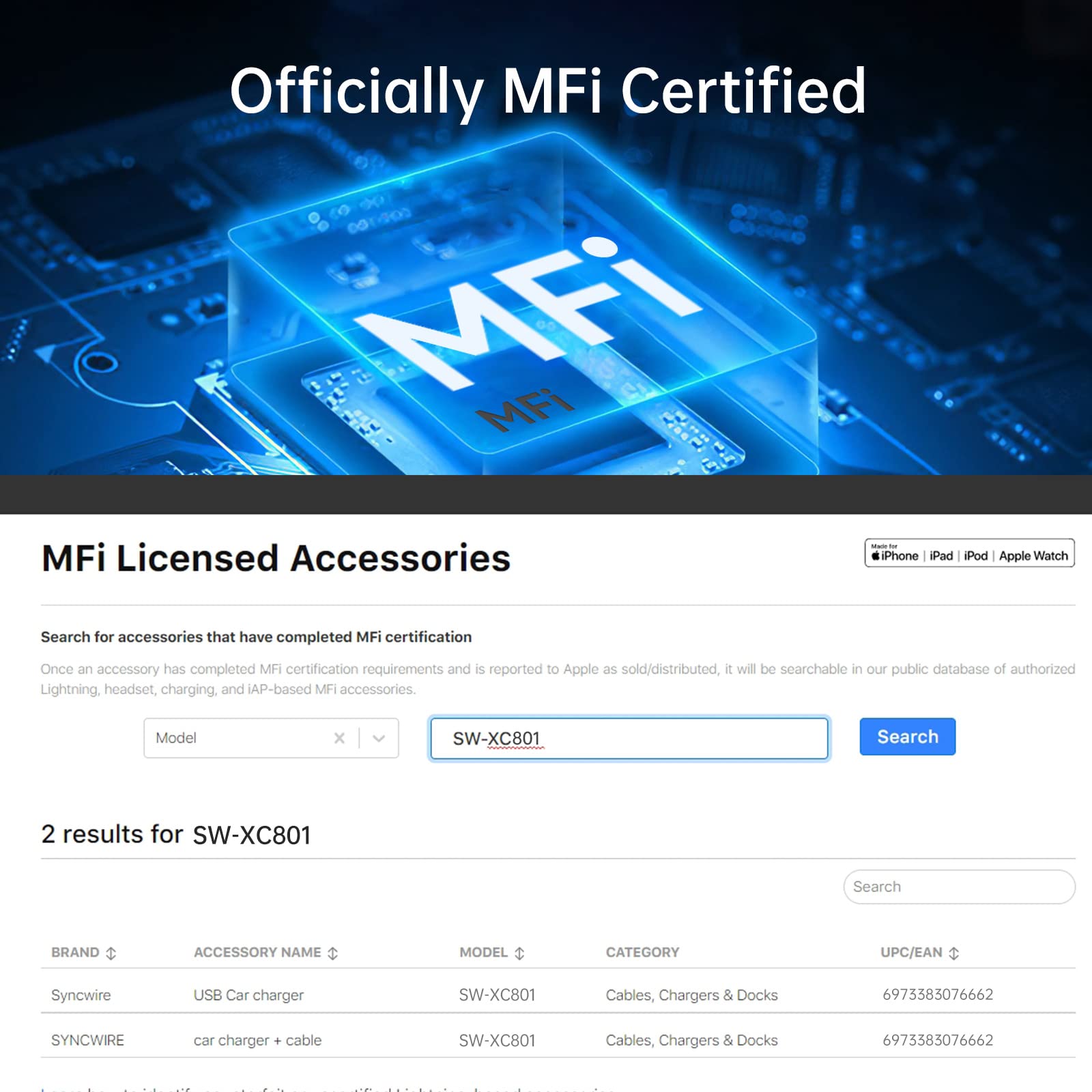 Syncwire 4.8A Fast Car Charger with 8FT Lightning Cable for iPhone 14 13 12 11 XR Max and iPad MFi Certified USB Adapter - View 2 of 9