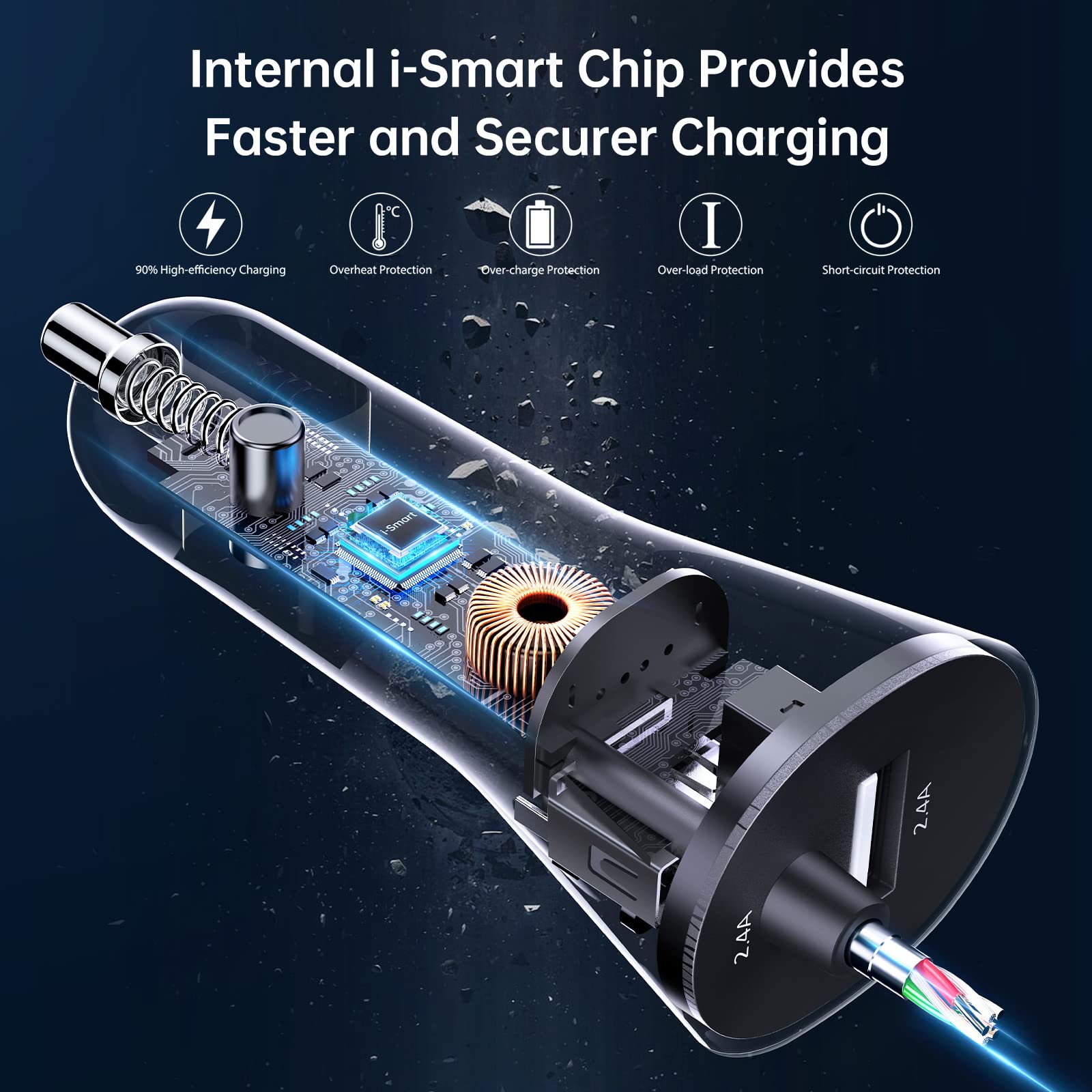 Syncwire 4.8A Fast Car Charger with 8FT Lightning Cable for iPhone 14 13 12 11 XR Max and iPad MFi Certified USB Adapter - View 4 of 9