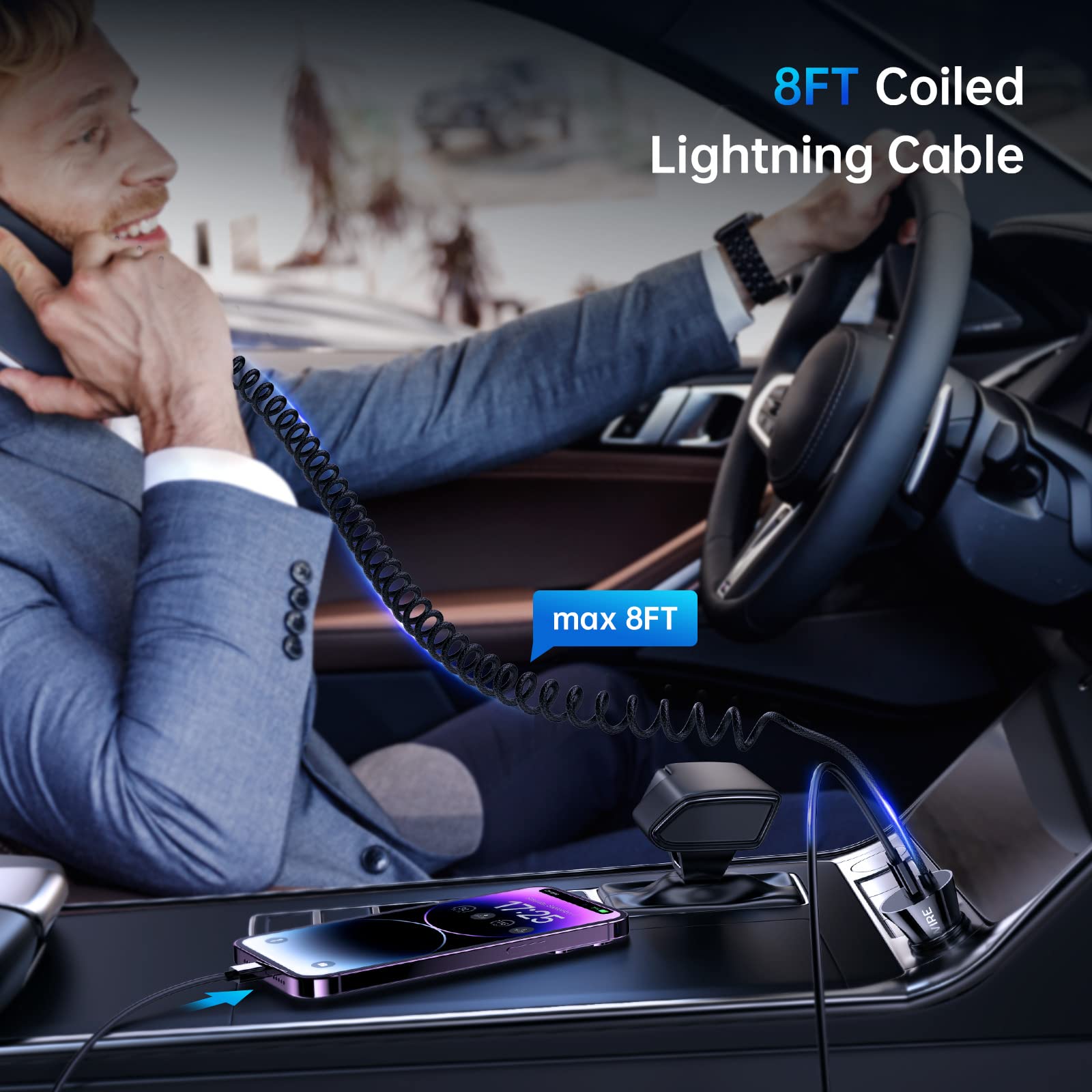 Syncwire 4.8A Fast Car Charger with 8FT Lightning Cable for iPhone 14 13 12 11 XR Max and iPad MFi Certified USB Adapter - View 5 of 9