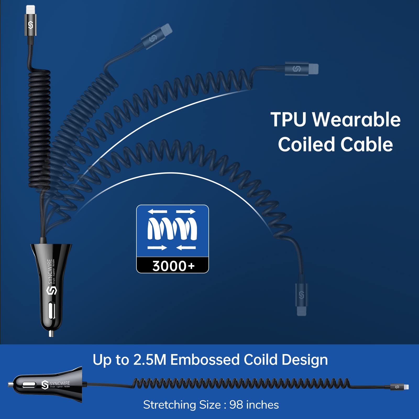 Syncwire 4.8A Fast Car Charger with 8FT Lightning Cable for iPhone 14 13 12 11 XR Max and iPad MFi Certified USB Adapter - View 6 of 9