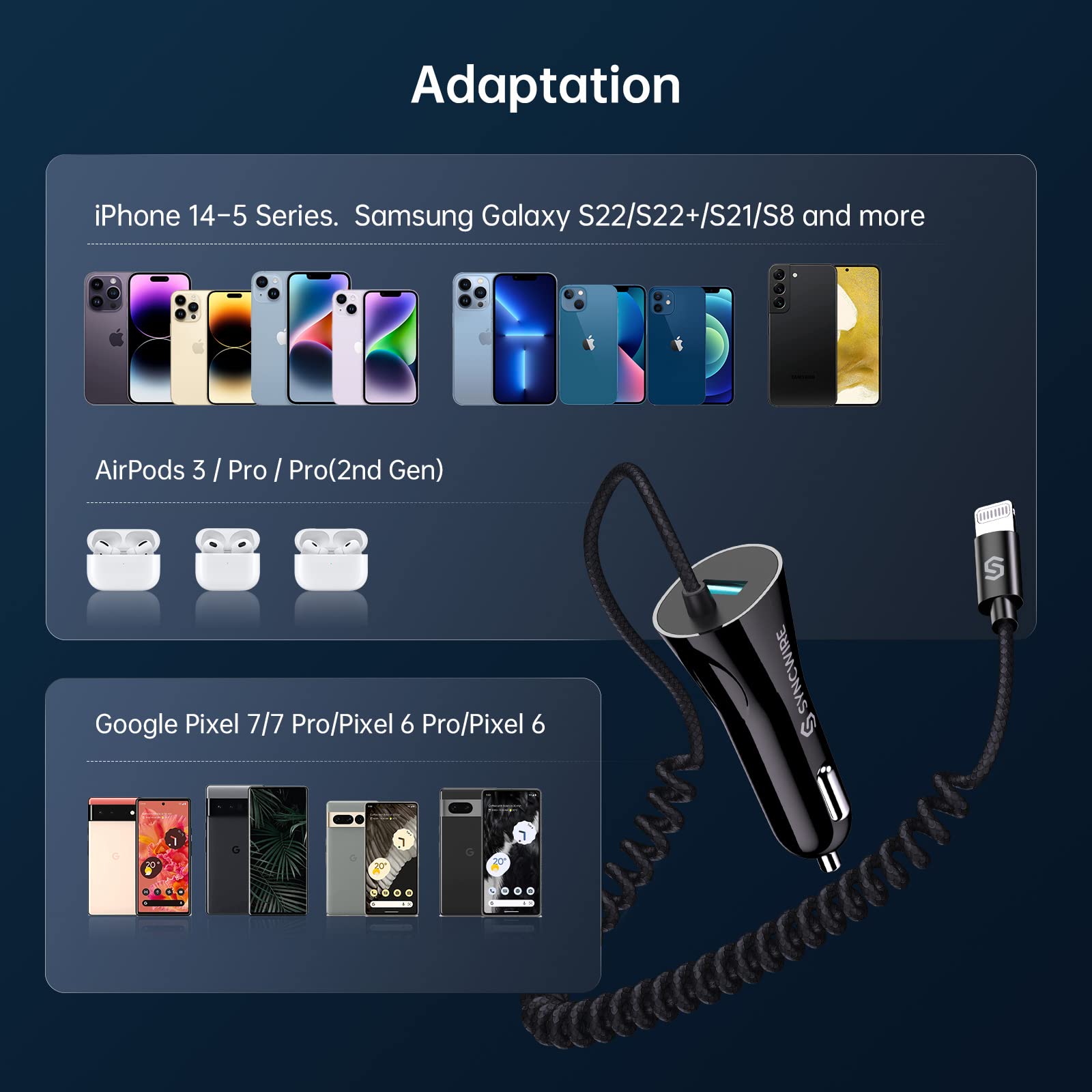 Syncwire 4.8A Fast Car Charger with 8FT Lightning Cable for iPhone 14 13 12 11 XR Max and iPad MFi Certified USB Adapter - View 9 of 9