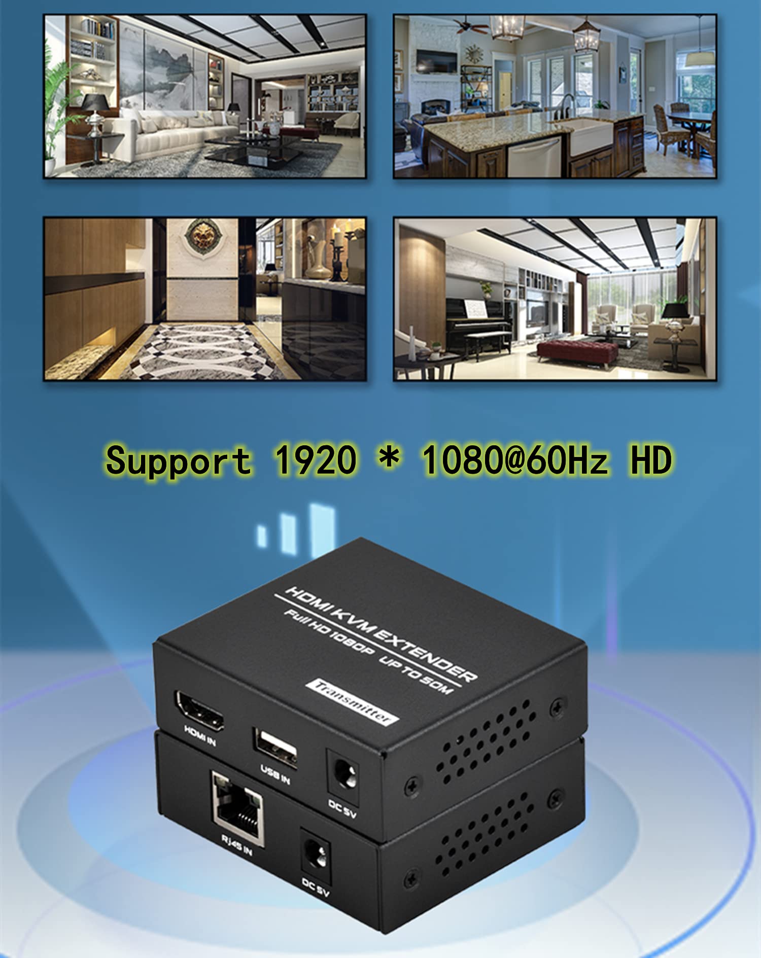 HDMI KVM Extender Over Cat5e/6 1080P 60Hz USB Extender Up to 50m 165ft Supports Keyboard and Mouse Control Remote Signals - View 6 of 7