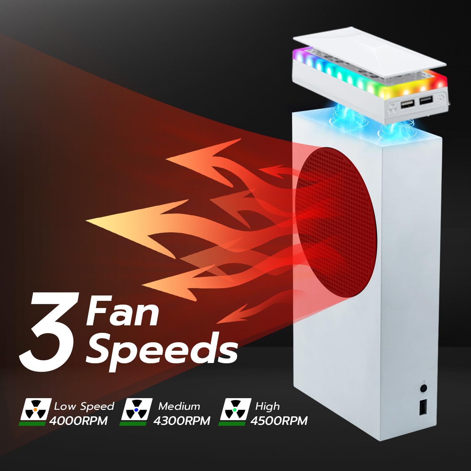 Mcbazel Mcbazel RGB Cooling Fan for Xbox Series S Adjustable Speed Low Noise with RGB Light Strip Dust Filter and USB Ports - View 5 of 9
