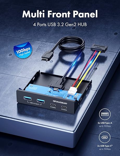 GRAUGEAR "Upgrade Your PC with GRAUGEAR 3.5" Front Panel USB Hub: 4 Ports, 2 USB-C 10Gbps & 2 USB 3.2 Gen 2 - G-MP02" - View 7 of 10