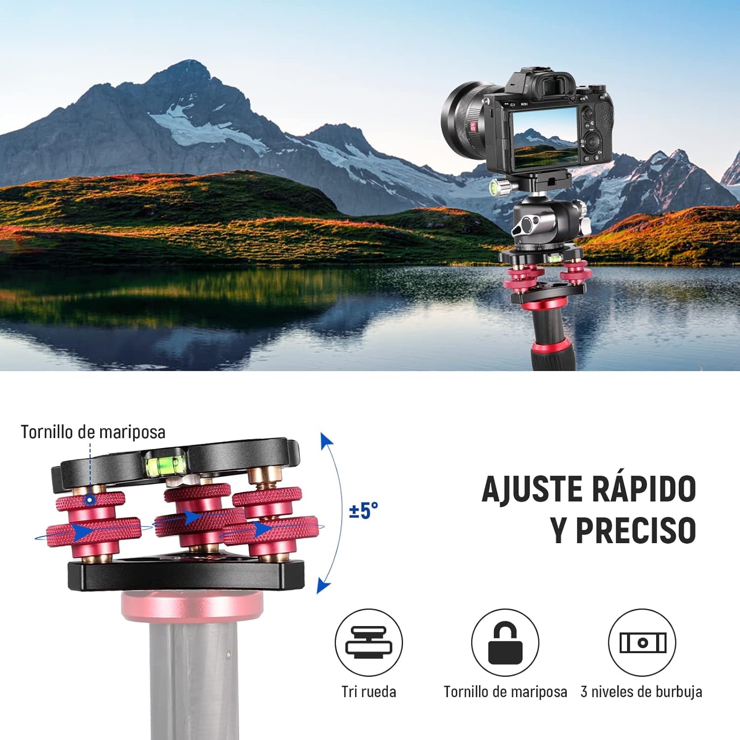 NEEWER Tripod Head Leveling Base Camera Leveler Aircraft Grade Aluminum Alloy 3 Axis Tri Wheel Head for Macro Panoramic Photography - View 2 of 8