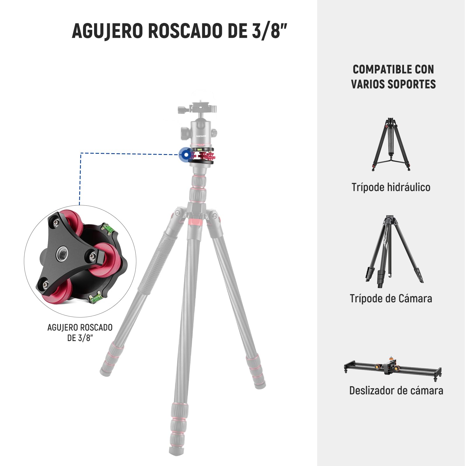 NEEWER Tripod Head Leveling Base Camera Leveler Aircraft Grade Aluminum Alloy 3 Axis Tri Wheel Head for Macro Panoramic Photography - View 5 of 8