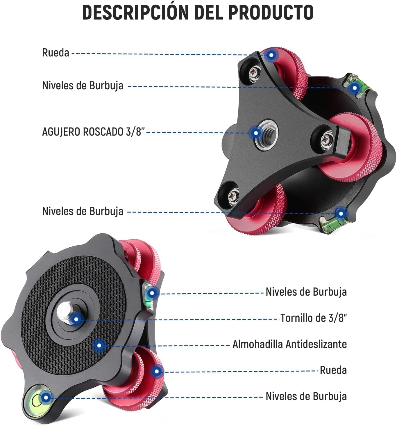 NEEWER Tripod Head Leveling Base Camera Leveler Aircraft Grade Aluminum Alloy 3 Axis Tri Wheel Head for Macro Panoramic Photography - View 6 of 8