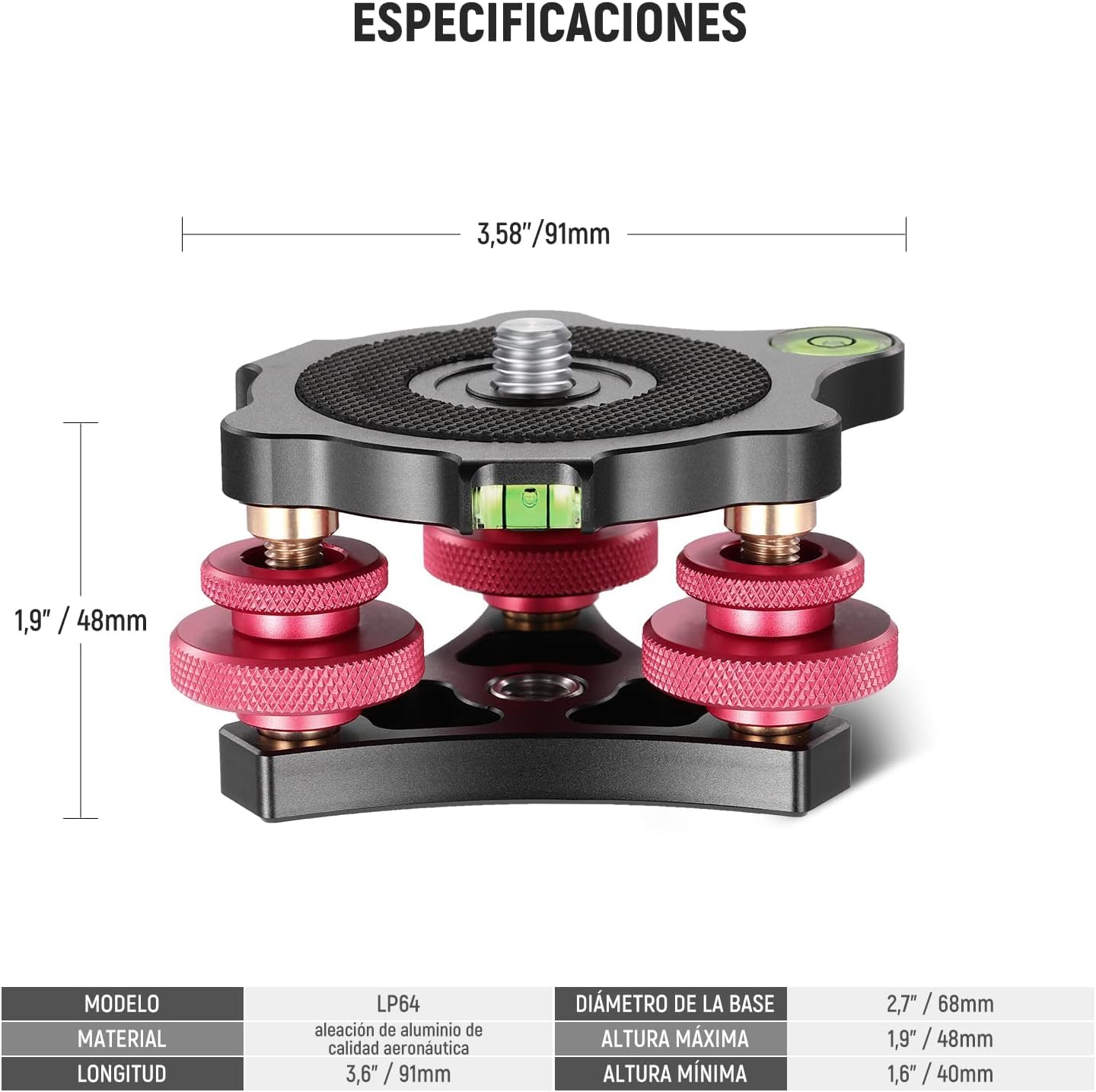 NEEWER Tripod Head Leveling Base Camera Leveler Aircraft Grade Aluminum Alloy 3 Axis Tri Wheel Head for Macro Panoramic Photography - View 7 of 8