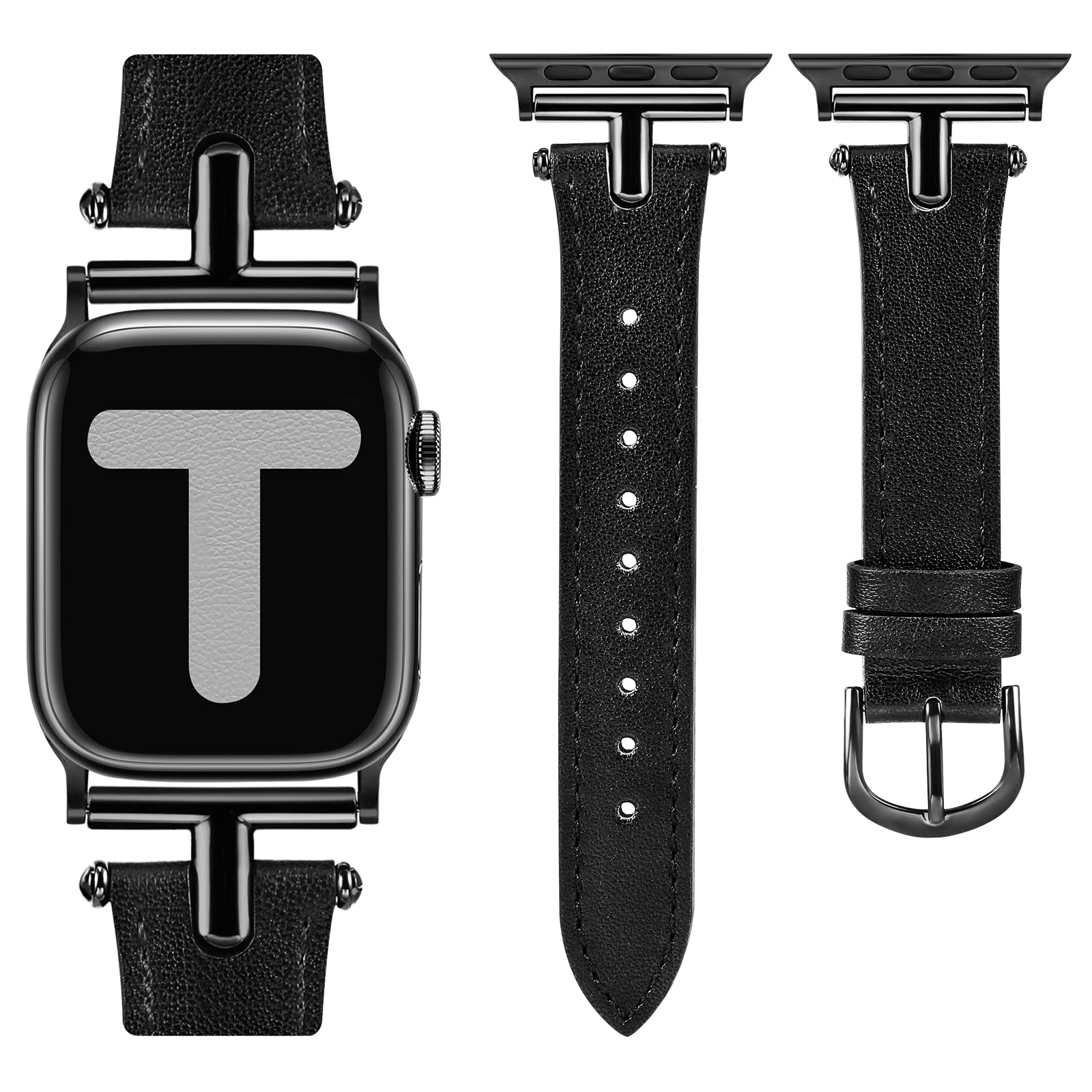 Wearlizer Leather Band Compatible with Apple Watch Band Women 38 40 41 42 44 45 49mm Dressy Fashion Fancy Strap with T-shape Metal Buckle for iWatch