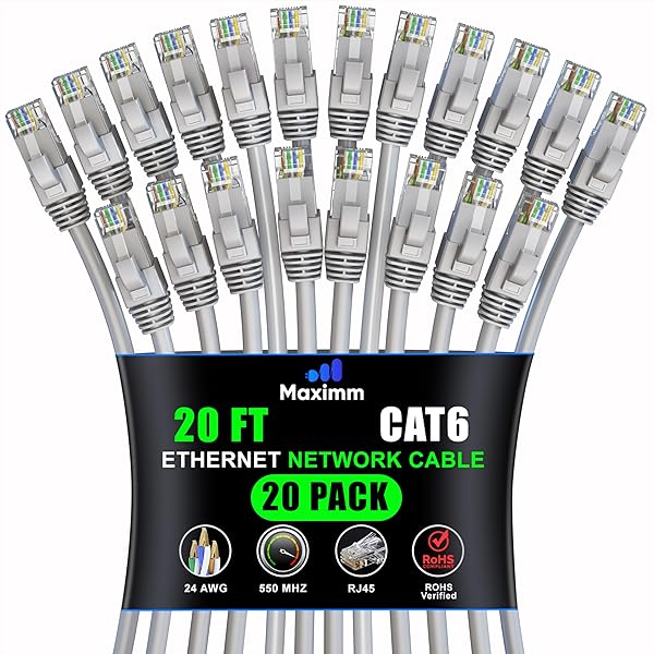 Maximm Cat 6 Ethernet Cable 20 ft (20-Pack) - High-Speed LAN Cable, Internet Cable, Patch Cable, and Network Cable - UTP, 10Gbps, 550MHz Ethernet Cord - Gray