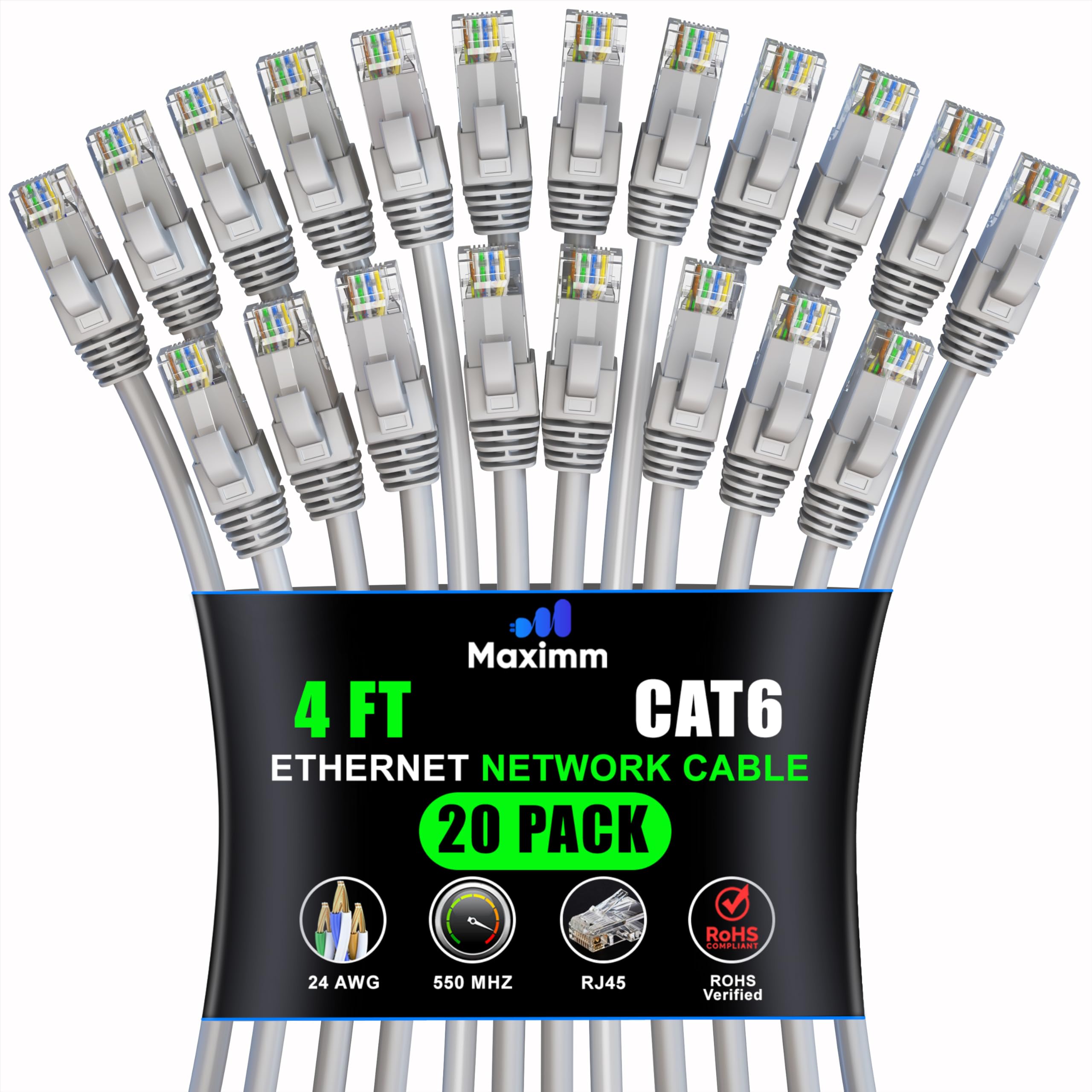 Maximm Cat 6 Ethernet Cable 4ft (20-Pack) - High-Speed 10Gbps LAN & Network Cables - UTP, 550MHz, Gray