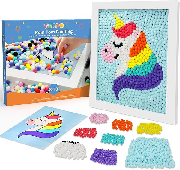 Funto Funto Unicorn Pom Pom Painting Art Kit with 1100 Pom Poms Canvas and Frame for Kids Home Decor and Crafts