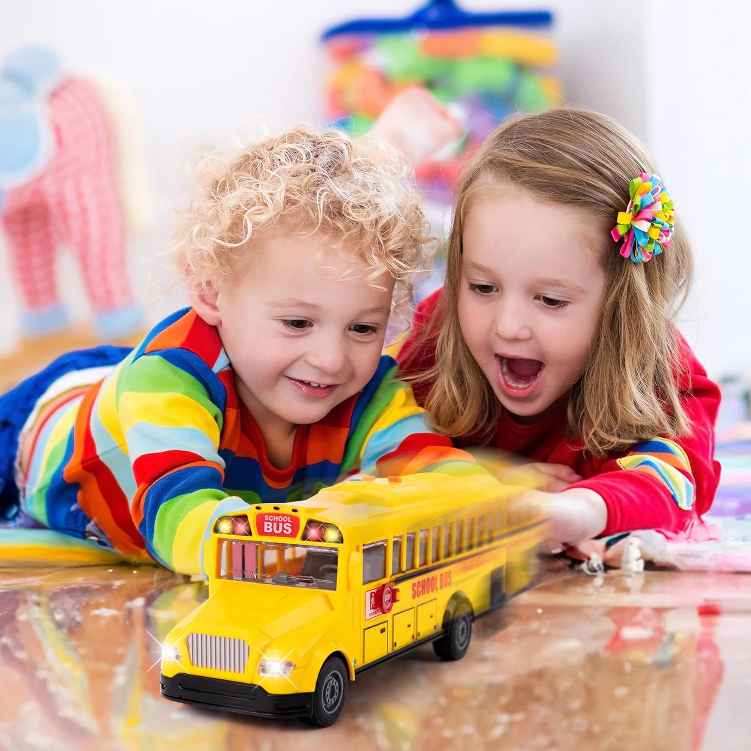 ArtCreativity ArtCreativity Yellow School Bus Toy with Flashing Lights and Sound Friction Powered 1/16 Scale Ideal Easter Gift for Kids Ages 3 and Up - View 6 of 7