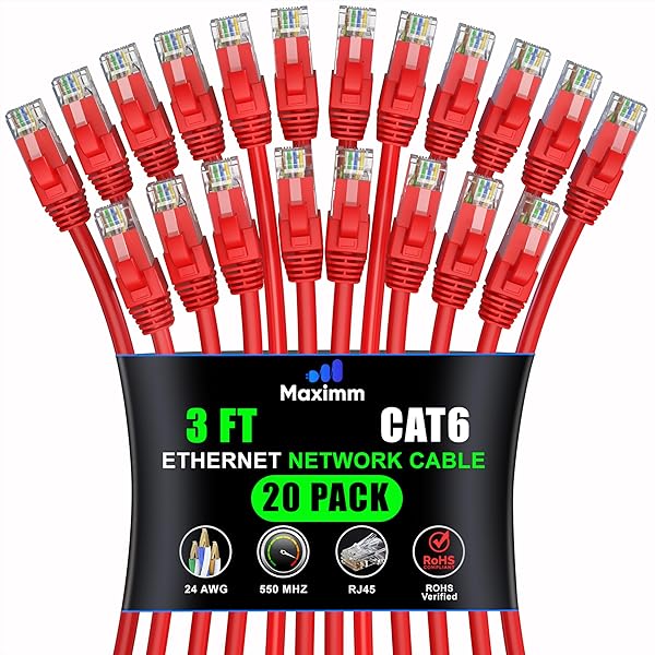 Maximm Maximm Cat 6 Ethernet Cable 3ft (20-Pack) - High-Speed 10Gbps LAN & Network Cables - Red UTP Patch Cords for Fast Internet - View 3 of 10