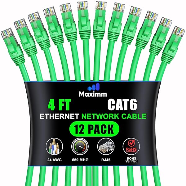 Maximm Cat 6 Ethernet Cable 4ft (12-Pack) - High-Speed 10Gbps LAN & Network Cable - UTP, 550MHz, Green