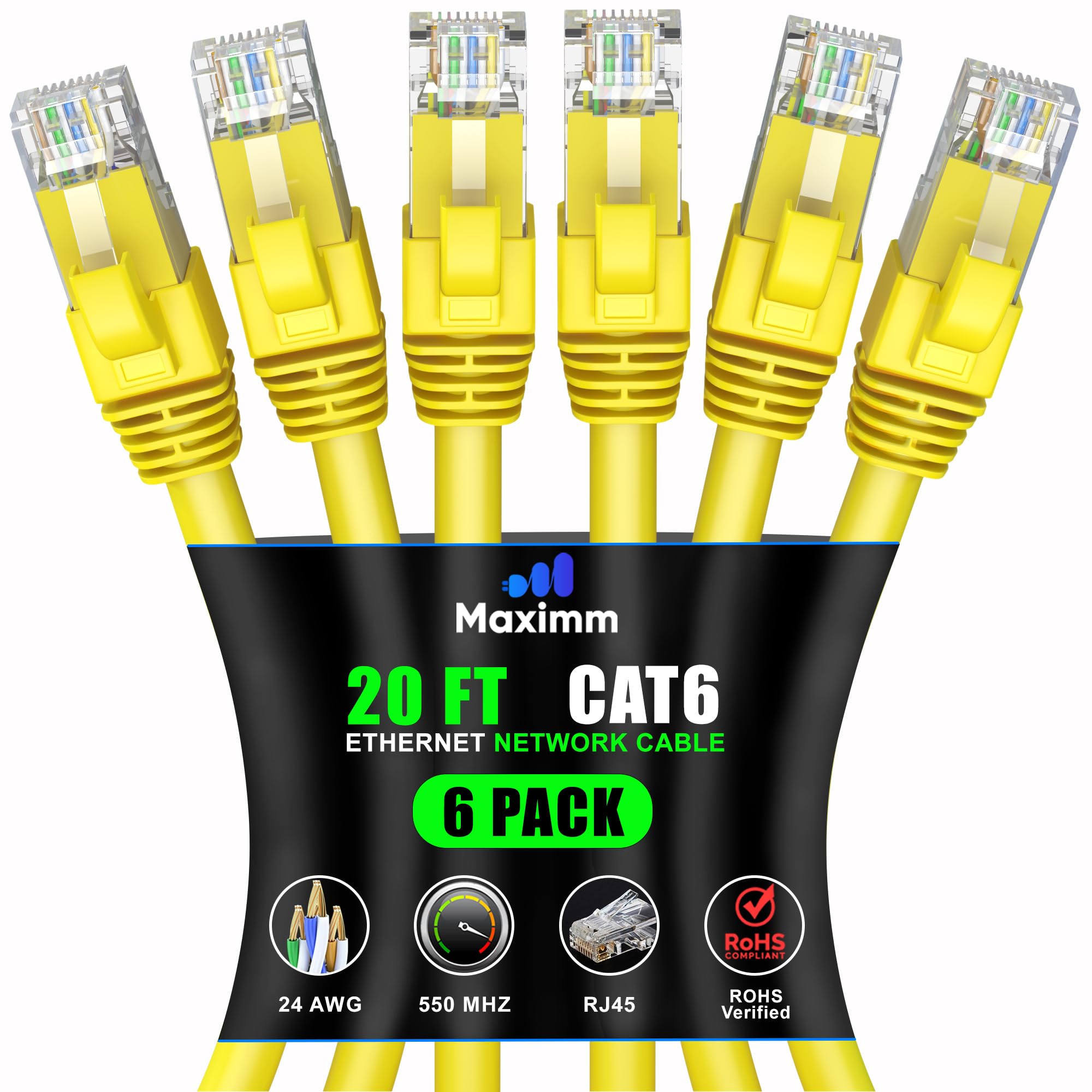 Maximm Cat 6 Ethernet Cable 20ft (6-Pack) - High-Speed 10Gbps LAN & Network Cable - Yellow UTP, 550MHz Patch Cord