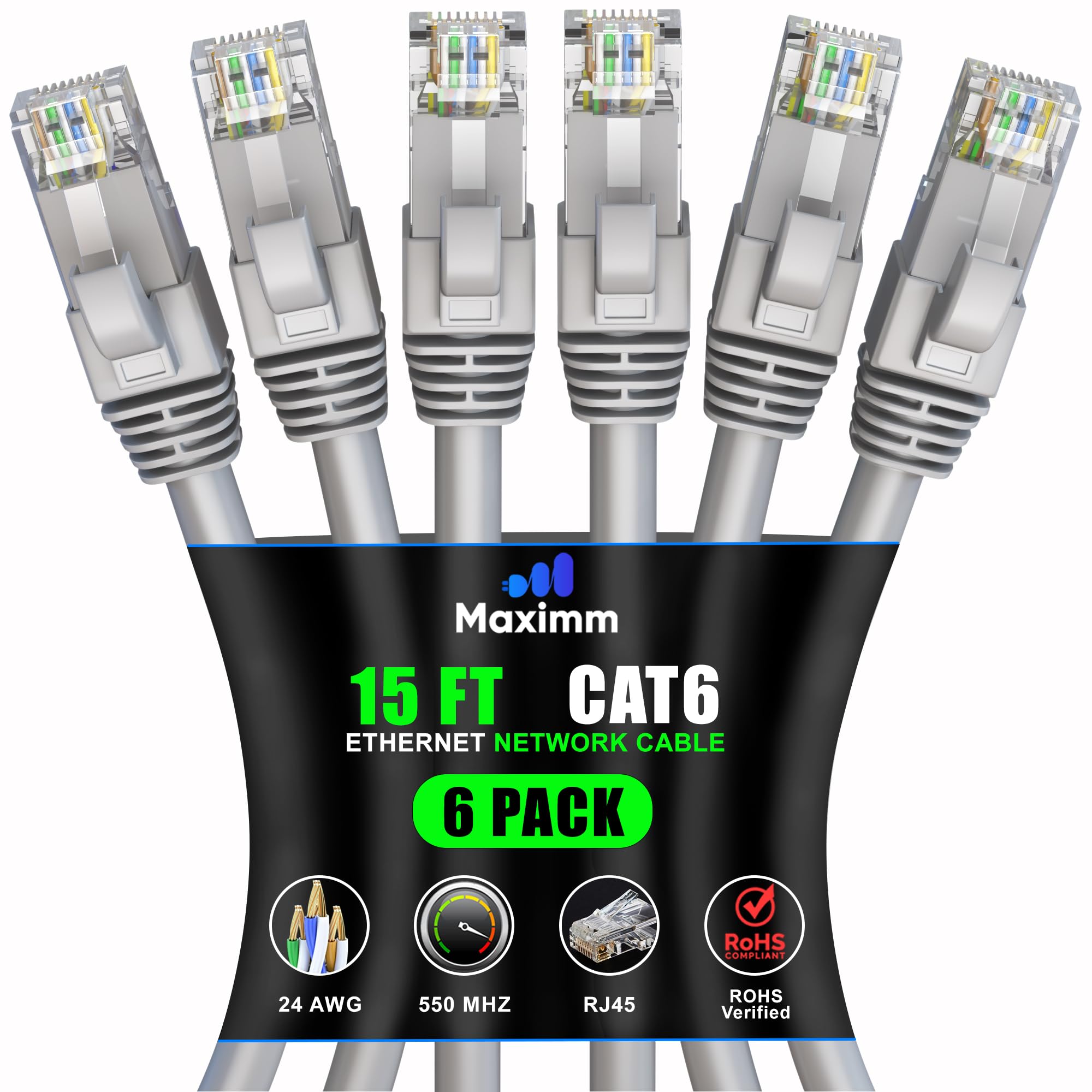 Maximm Cat 6 Ethernet Cable 15 ft (6-Pack) - High-Speed 10Gbps LAN & Network Cables - UTP, 550MHz, Gray
