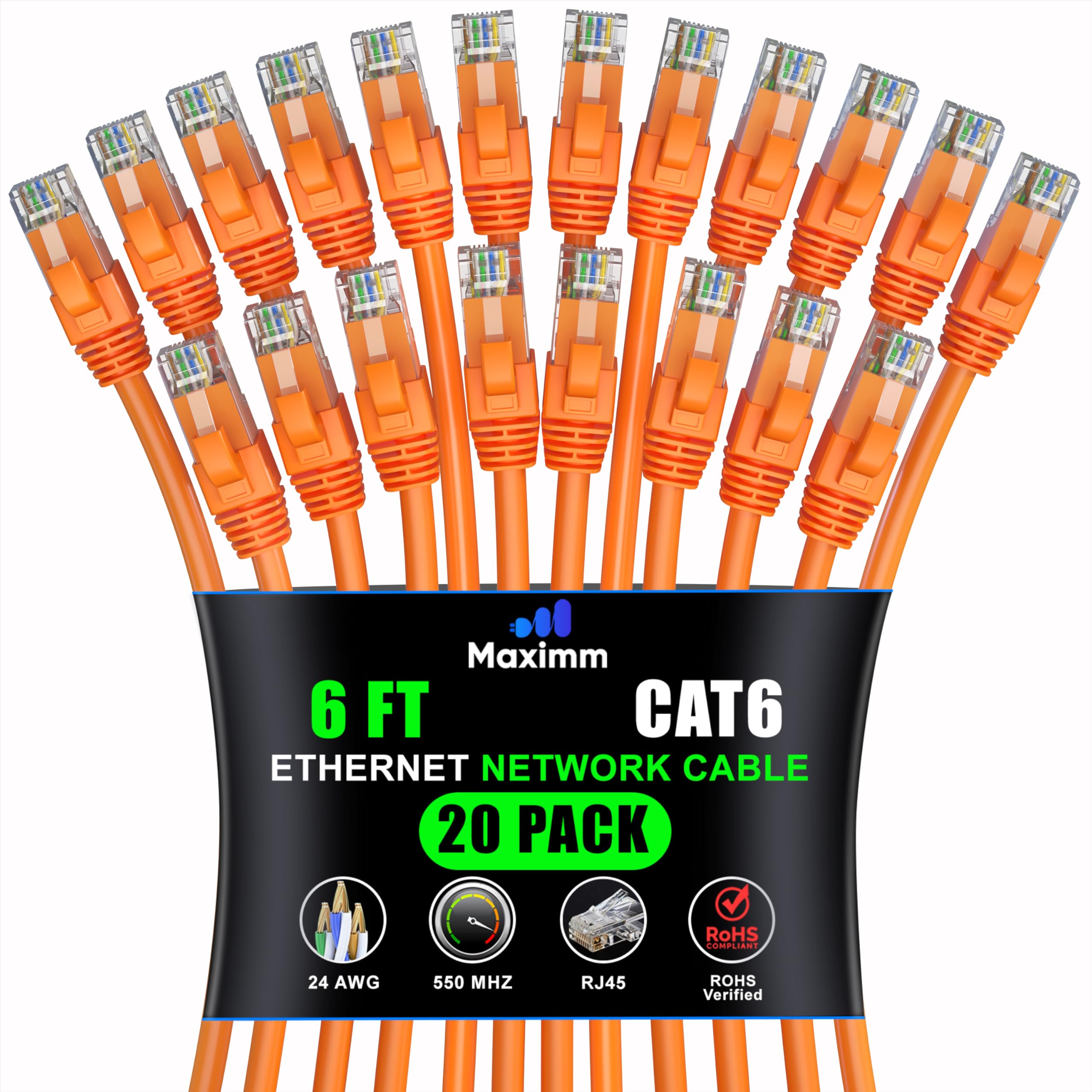 Maximm Cat 6 Ethernet Cable 6ft (20-Pack) - High-Speed 10Gbps LAN & Network Cables - UTP, 550MHz, Orange