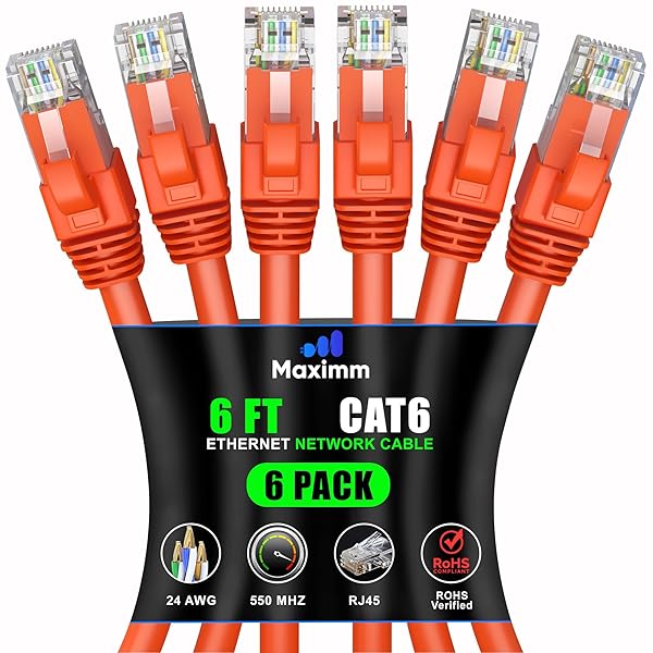 Maximm Cat 6 Ethernet Cable 6 ft (6-Pack) - High-Speed 10Gbps LAN & Network Cable - UTP, 550MHz, Orange