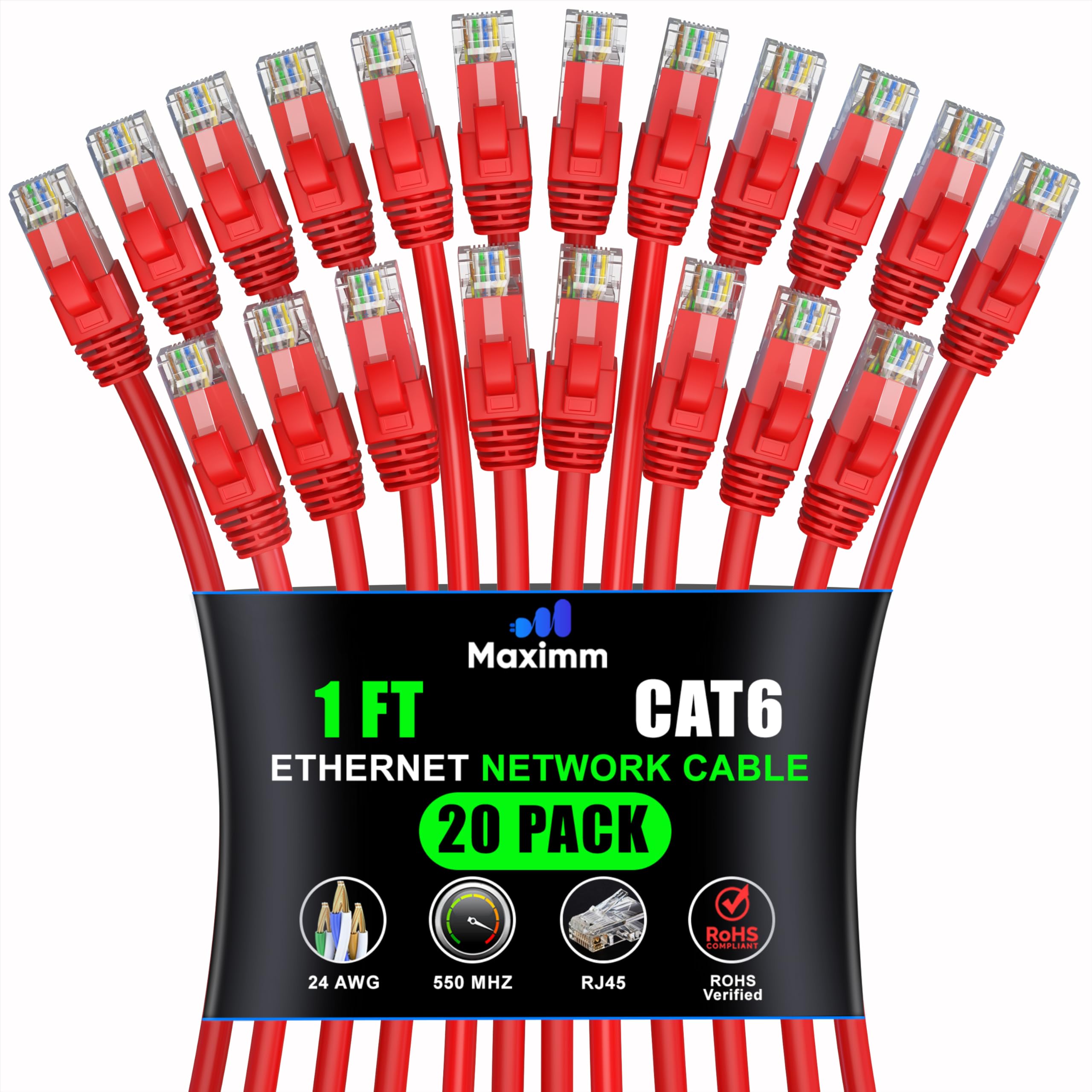 Maximm Cat 6 Ethernet Cable 1ft (20-Pack) - High-Speed 10Gbps LAN & Network Cables - Red UTP Patch Cord