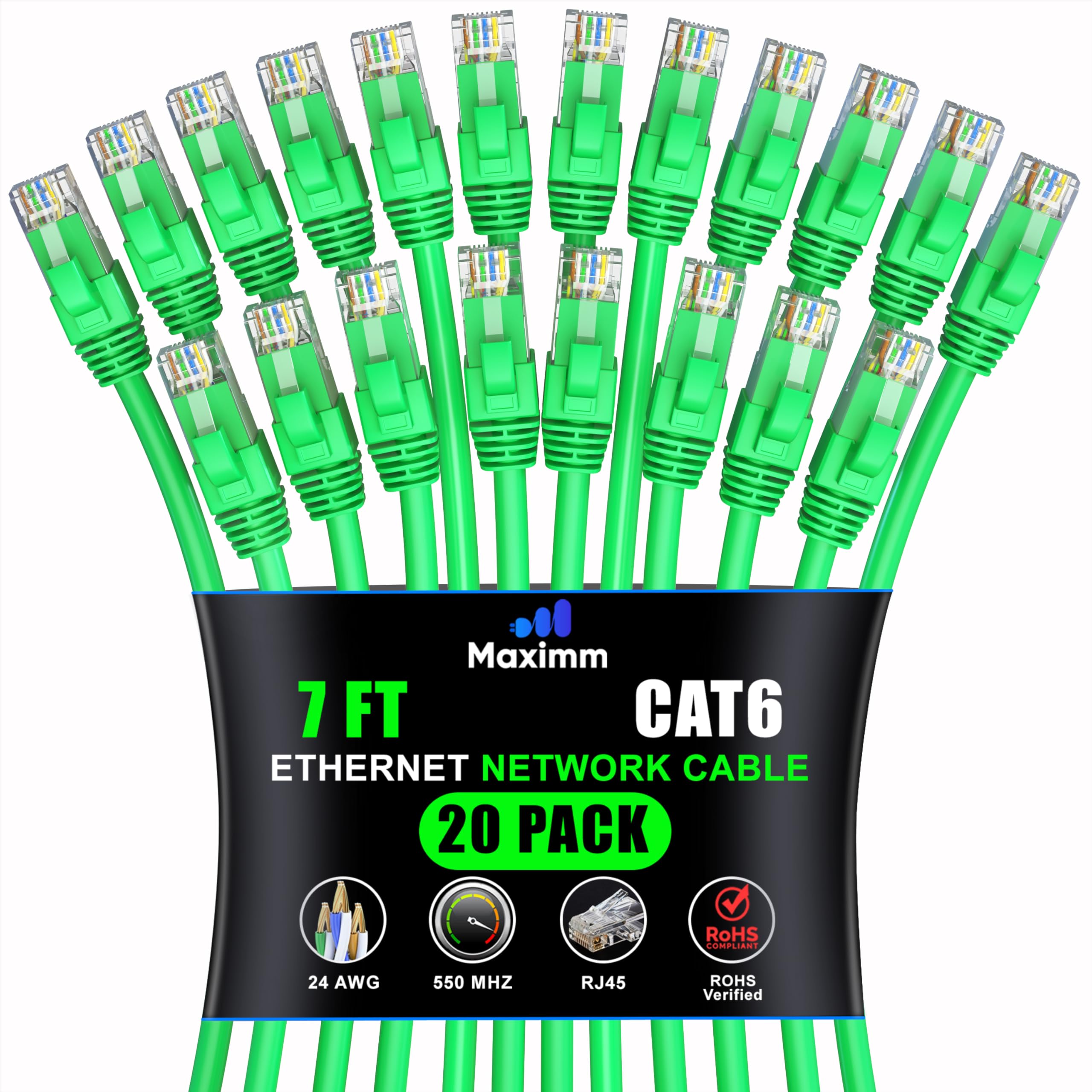 Maximm Cat 6 Ethernet Cable 7ft (20-Pack) - High-Speed 10Gbps LAN & Network Cables - UTP, 550MHz, Green