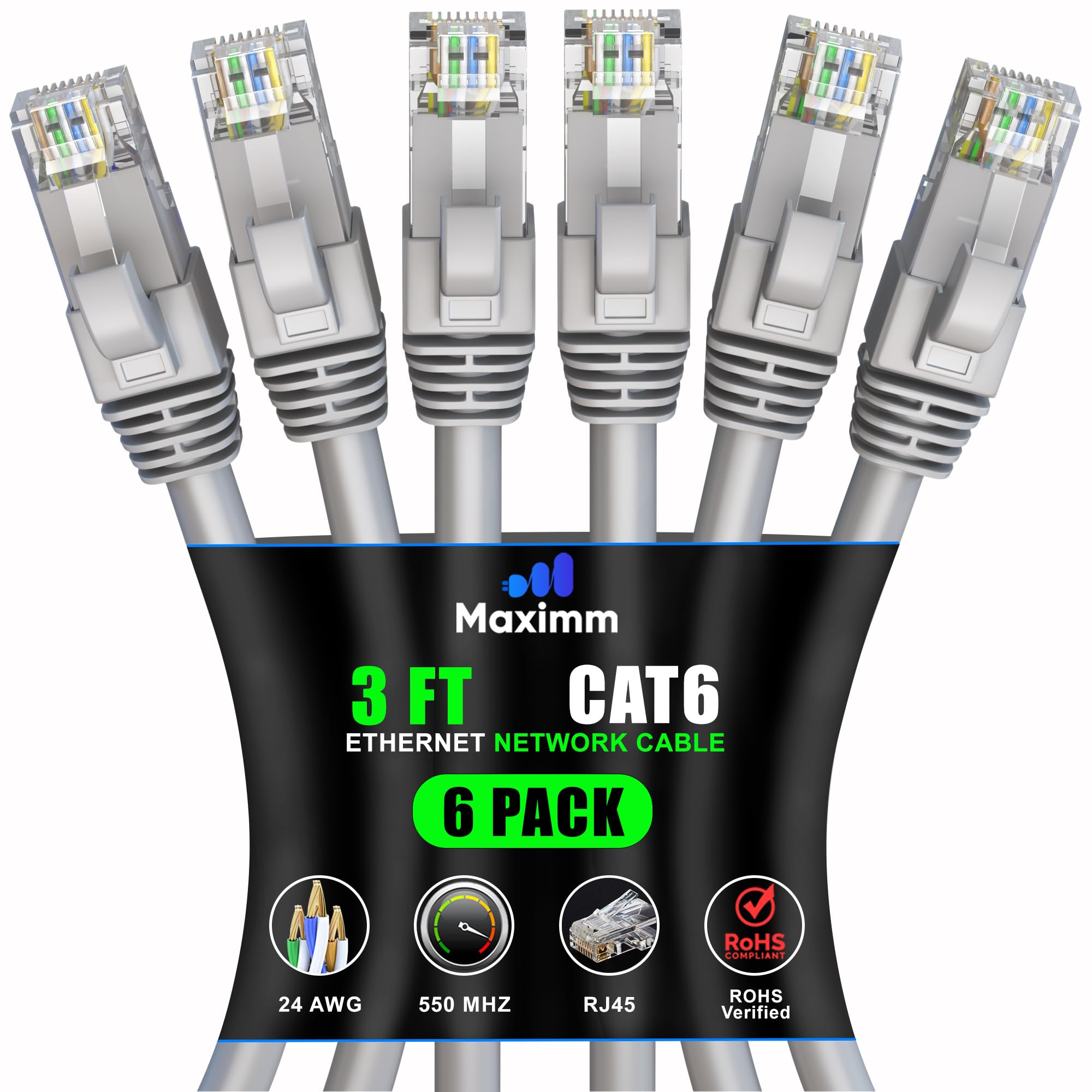 Maximm Cat 6 Ethernet Cable 3ft (6-Pack) - High-Speed 10Gbps LAN & Network Cables - UTP, 550MHz, Gray