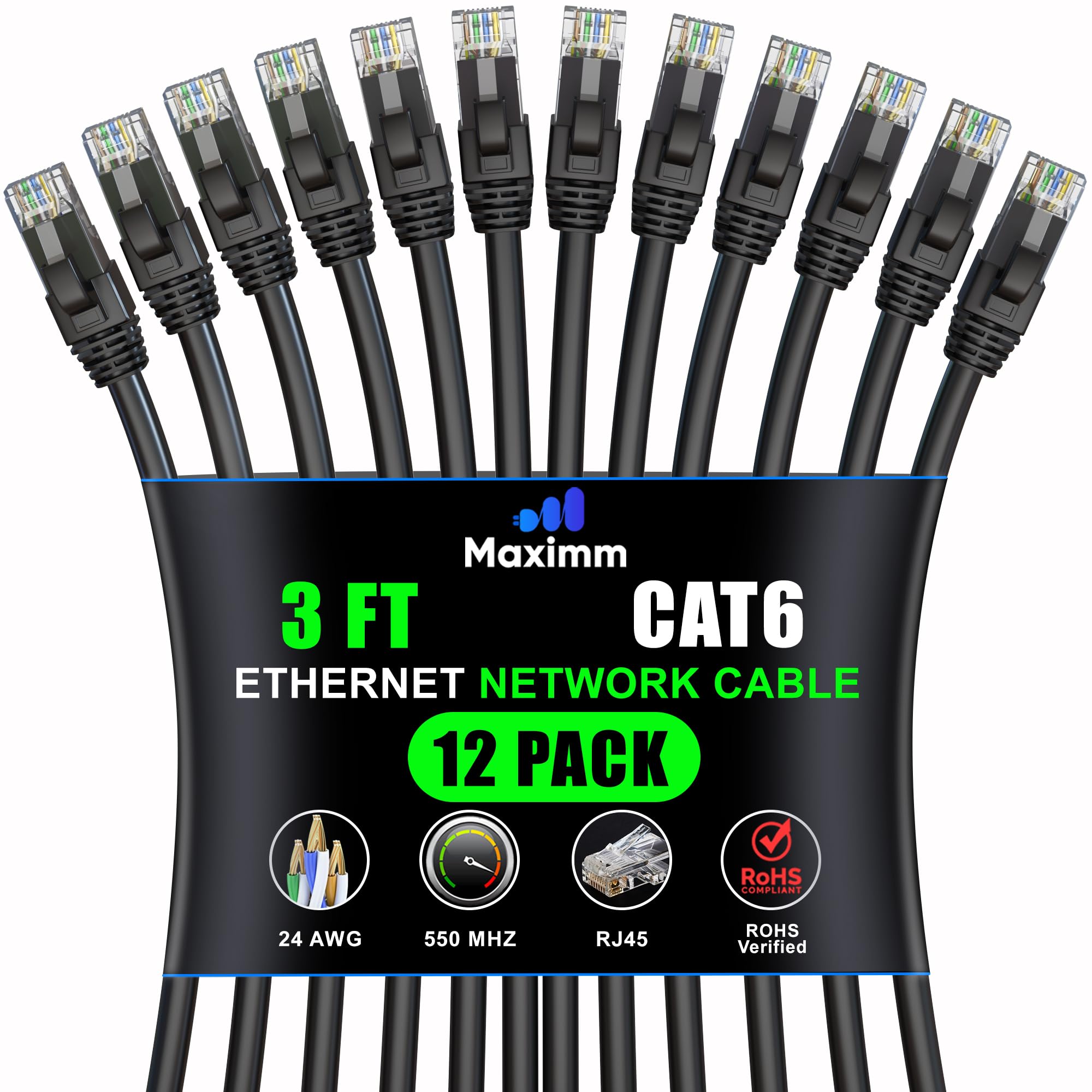 Maximm Cat 6 Ethernet Cable 3 ft (12-Pack) - High-Speed LAN Cable, Internet Cable, Patch Cable, and Network Cable - UTP, 10Gbps, 550MHz Ethernet Cord - Orange