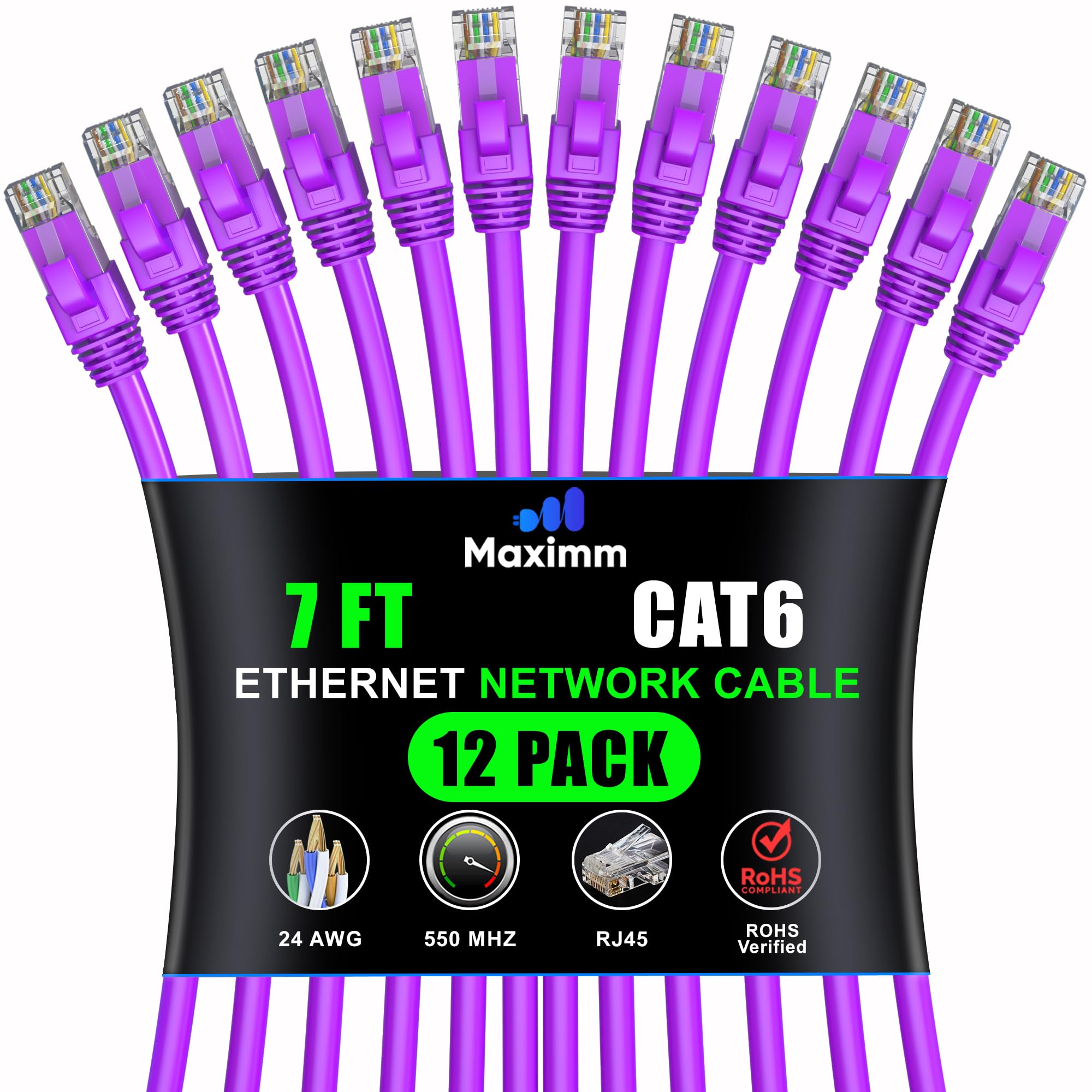 Maximm Cat 6 Ethernet Cable 15 ft (20-Pack) - High-Speed 10Gbps Network Cable, UTP, 550MHz - Purple Patch Cable for Fast Internet