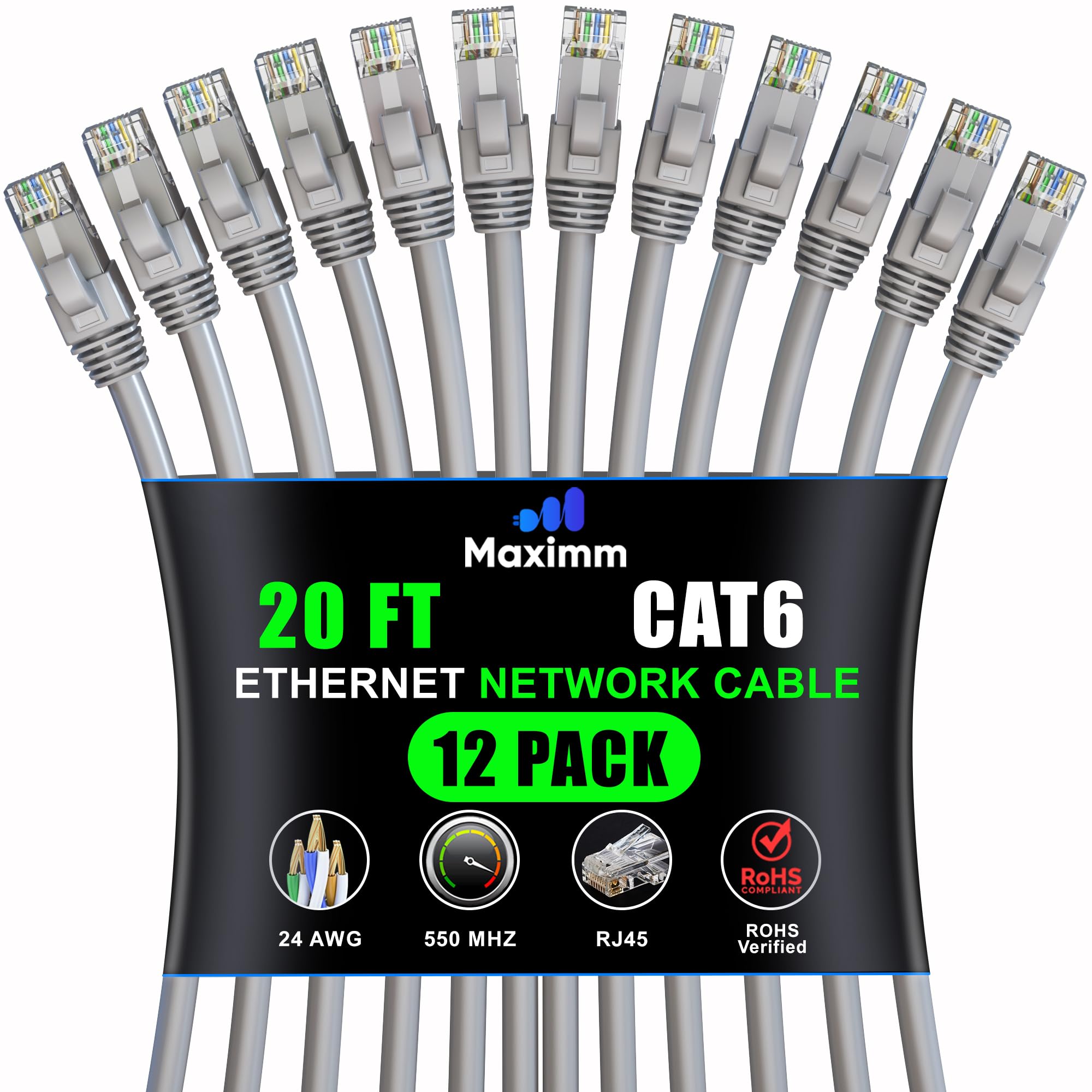 Maximm Cat 6 Ethernet Cable 20ft (12-Pack) - High-Speed 10Gbps LAN Network Cable - Red UTP for Fast Internet & Patch Connections