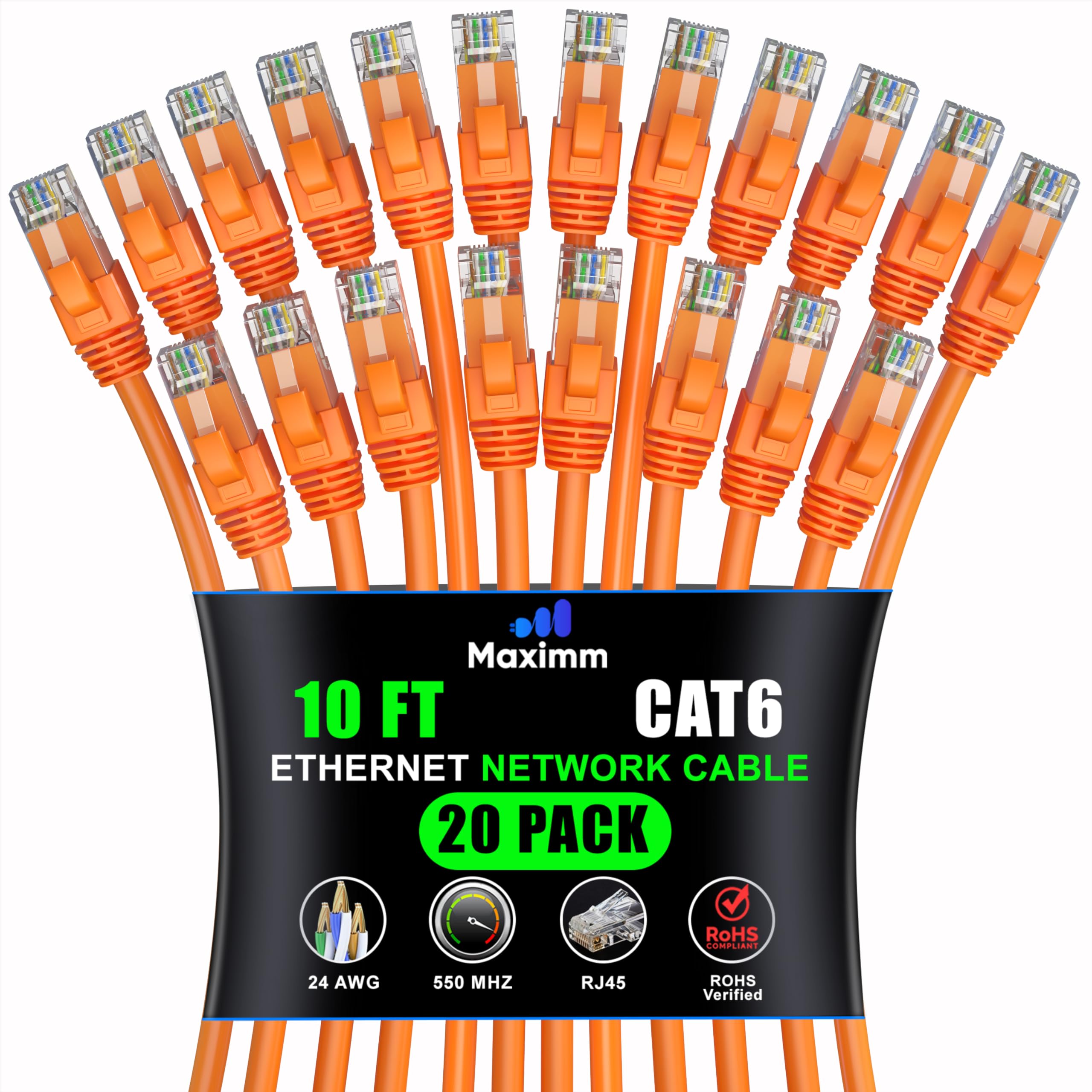 Maximm Cat 6 Ethernet Cable 3ft (20-Pack) - High-Speed 10Gbps LAN & Network Cables - UTP, 550MHz, Orange