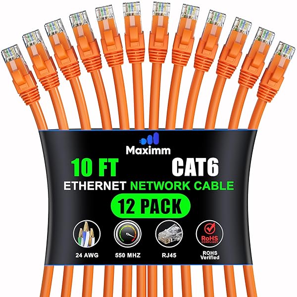 Maximm Cat 6 Ethernet Cable 10ft (12-Pack) - High-Speed 10Gbps LAN & Network Cables - UTP, 550MHz, Orange