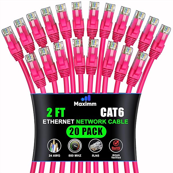 Maximm Cat 6 Ethernet Cable 2ft (20-Pack) - High-Speed 10Gbps Network Cable - Pink UTP Patch Cord for Fast Internet