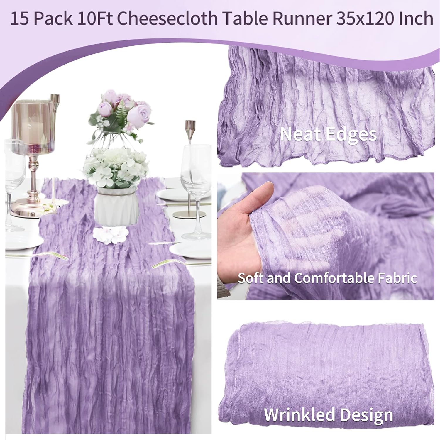 SATULGAU 15 Pack Lavender Cheesecloth Table Runner 10Ft Boho Gauze 35x120 Inch for Wedding Birthday Party Engagement Baby Shower Decor - View 6 of 9