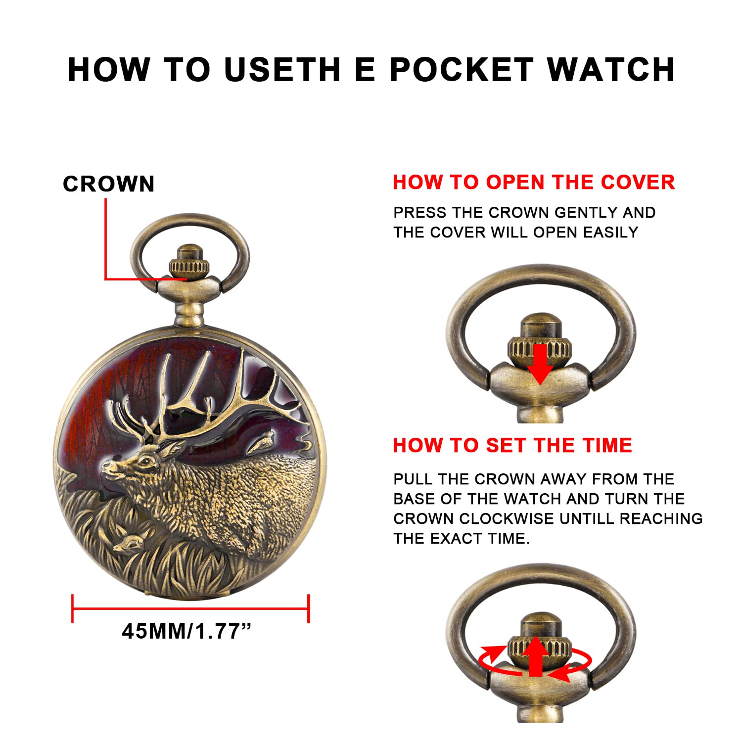 Realpoo Carved Animal Design Pocket Watch for Men with Waist Chain Classic PH001-US - View 6 of 6